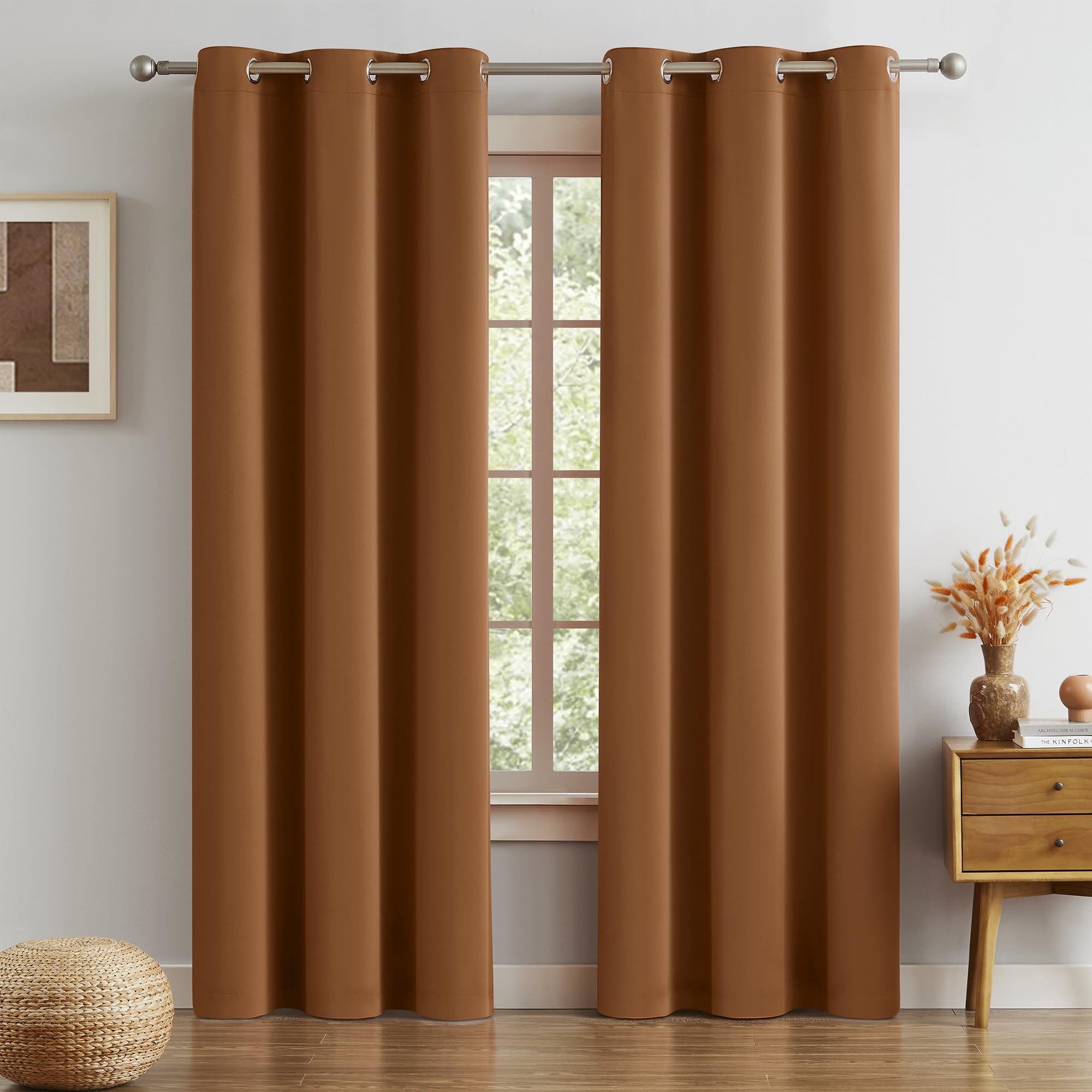 DUALIFE Blackout Curtains 90 inches in length, elegant and narrow curtains for small windows, laundry, office, autumn decorations, door curtains (2 panels, dark oak and golden brown, L90)