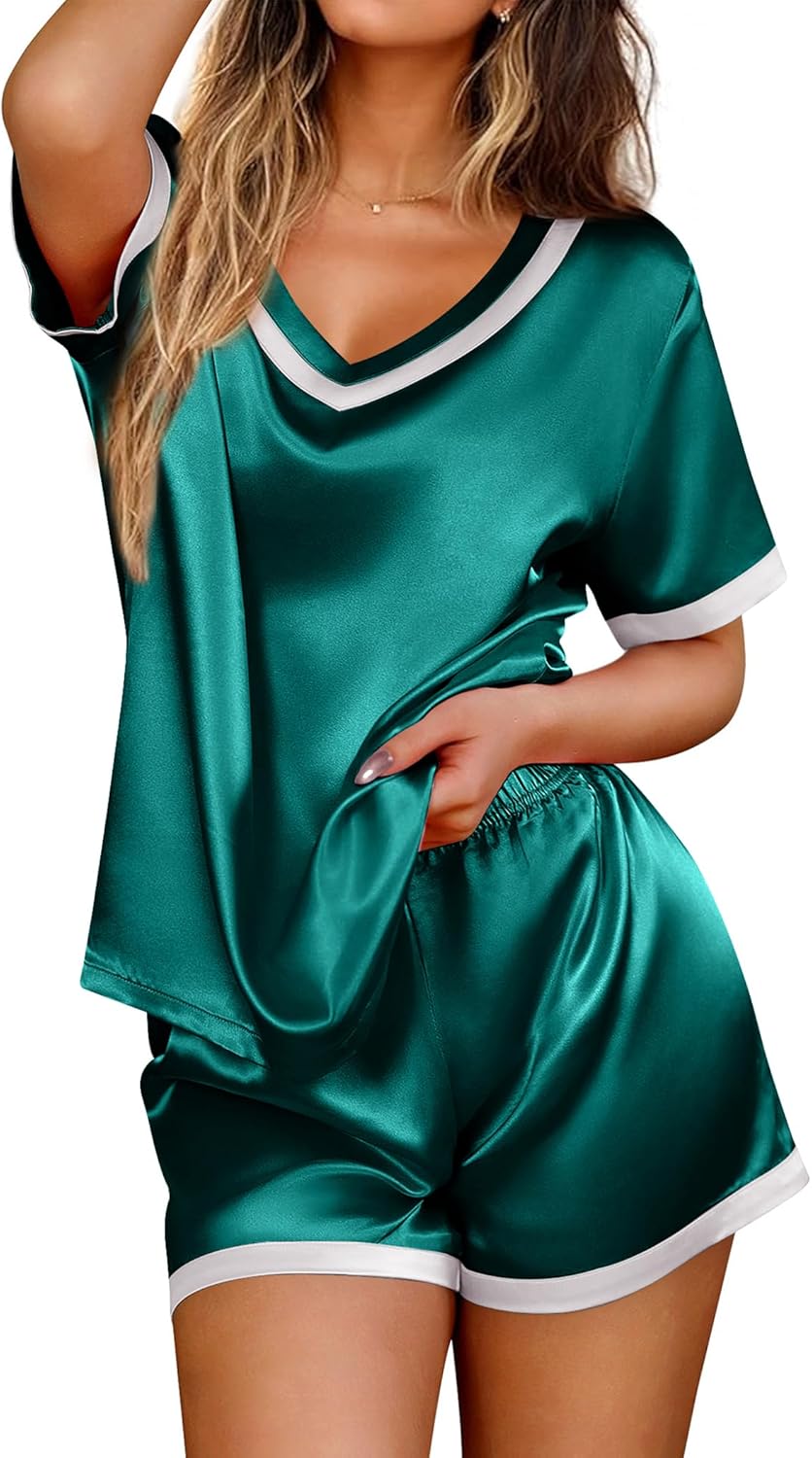 Ekouaer Silk Pajamas for Women Short Sleeve Satin Sleepwear Soft 2 Piece Pjs Shorts Set Loungewear,S-XX