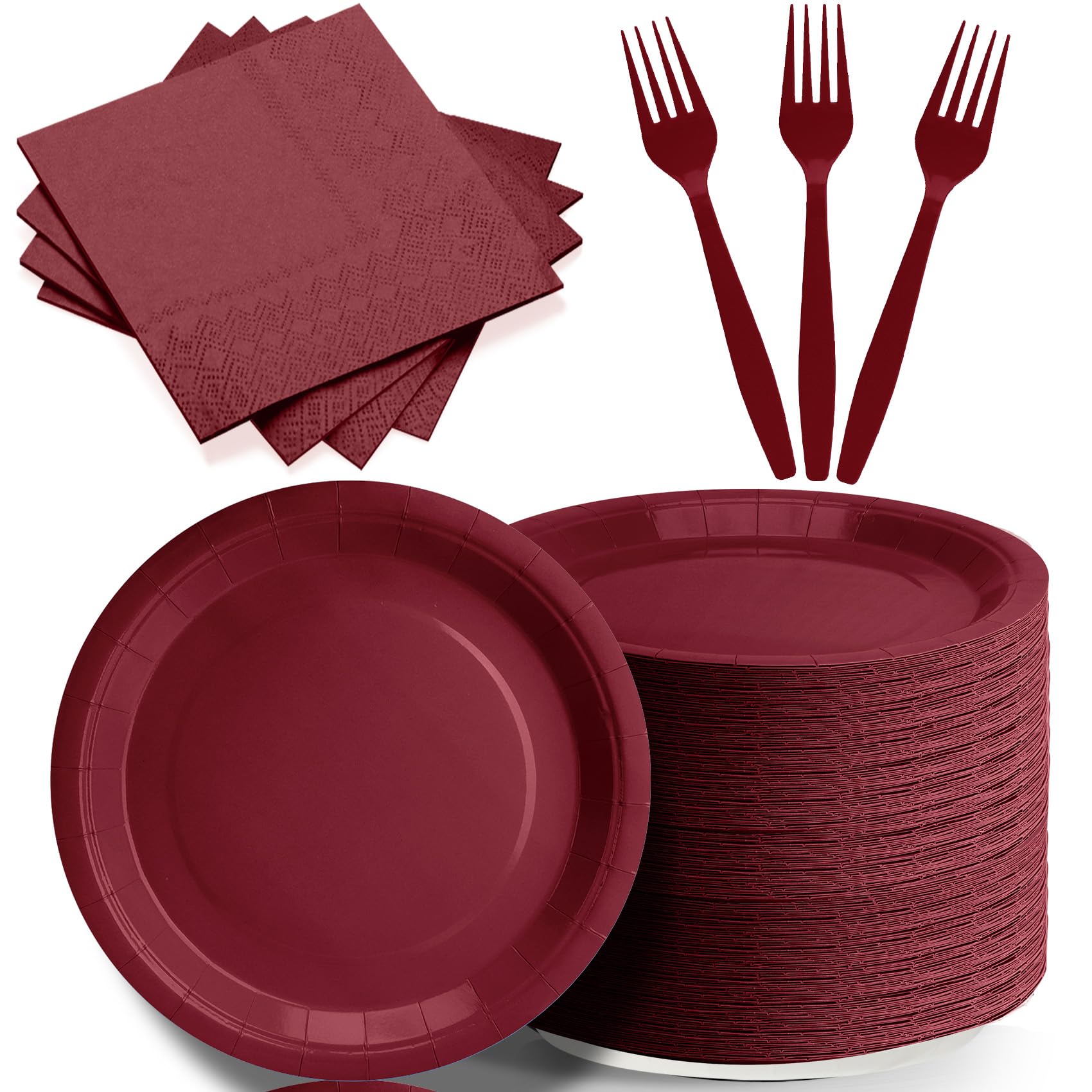 CENLBJ Burgndy Paper Plates and Napkins Include 7inch Paper Dessert Plates,Napkins,Plastic Forks, Disposable Party Supplies for Birthday Wedding Party