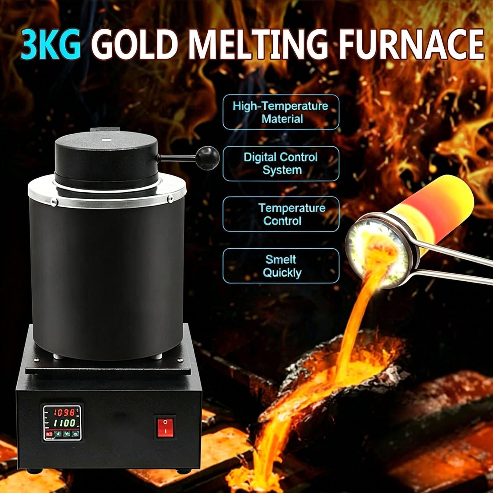 Forno di fusione elettrico digitale, 1150 ℃/2102 ℉, per acciaio oro argento | Forno per la fusione dell'oro con crogiolo di grafite e dispositivo manuale, controllo della temperatura PID(3kg)