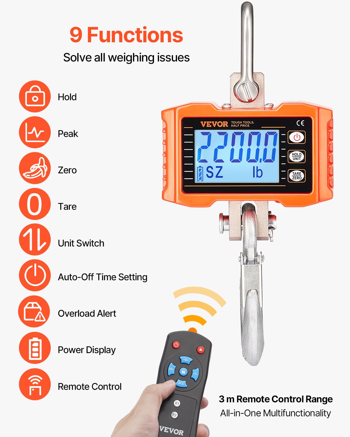 VEVOR Industrielle Hängewaage, 1000 kg, robuste digitale Kranwaage mit Fernbedienung, Lastenwaage, Gehäuse aus Aluminiumguss, hochpräzises LCD-Display für Bau, Fabrik, Bauernhof, Jagd, Orange