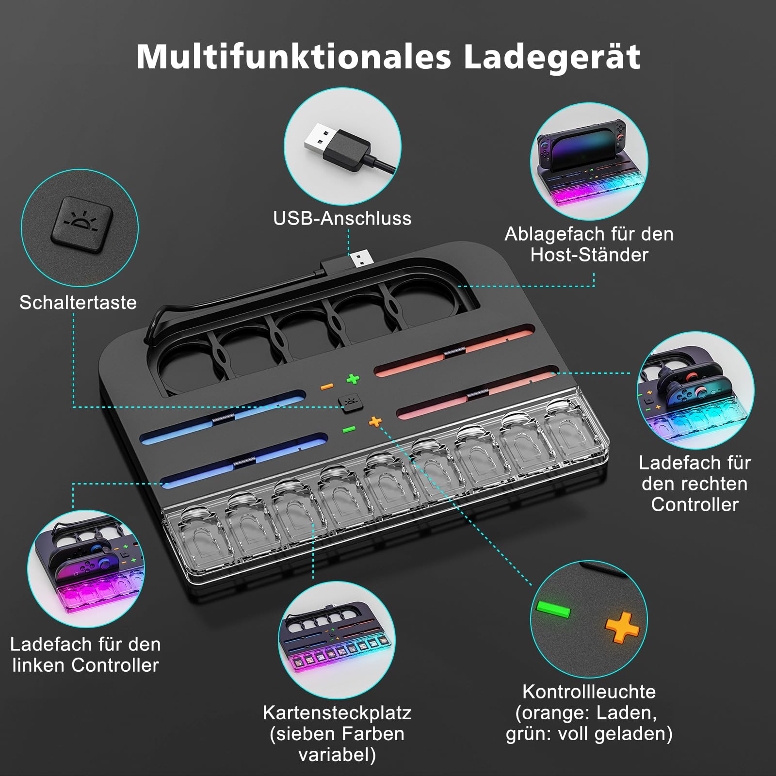 Switch Ladestation mit 7 RGB-Lichteffekten, 4 Joy-Con Schnellladung & 9 Spielkartenaufbewahrung, Universelles Zubehör für Switch Konsole