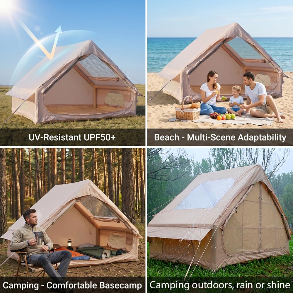 Tente de camping gonflable avec fenêtre de toit - Tente gonflable pour 2 à 4 personnes - Avec pompe à air - Tente gonflable en tissu Oxford imperméable pour les saisons - Montage rapide - Tente