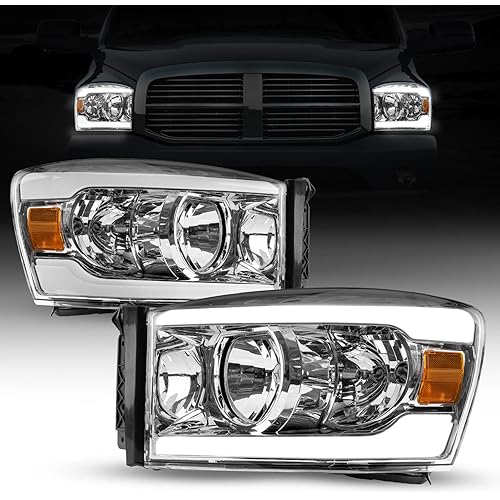 SEALIGHT LED DRL Headlight Assembly Fit for 2006 2007 2008 Ram 1500, Headlamp Replacement Pair with Daytime Running Light Chrome Housing Amber Reflector Clear Lens