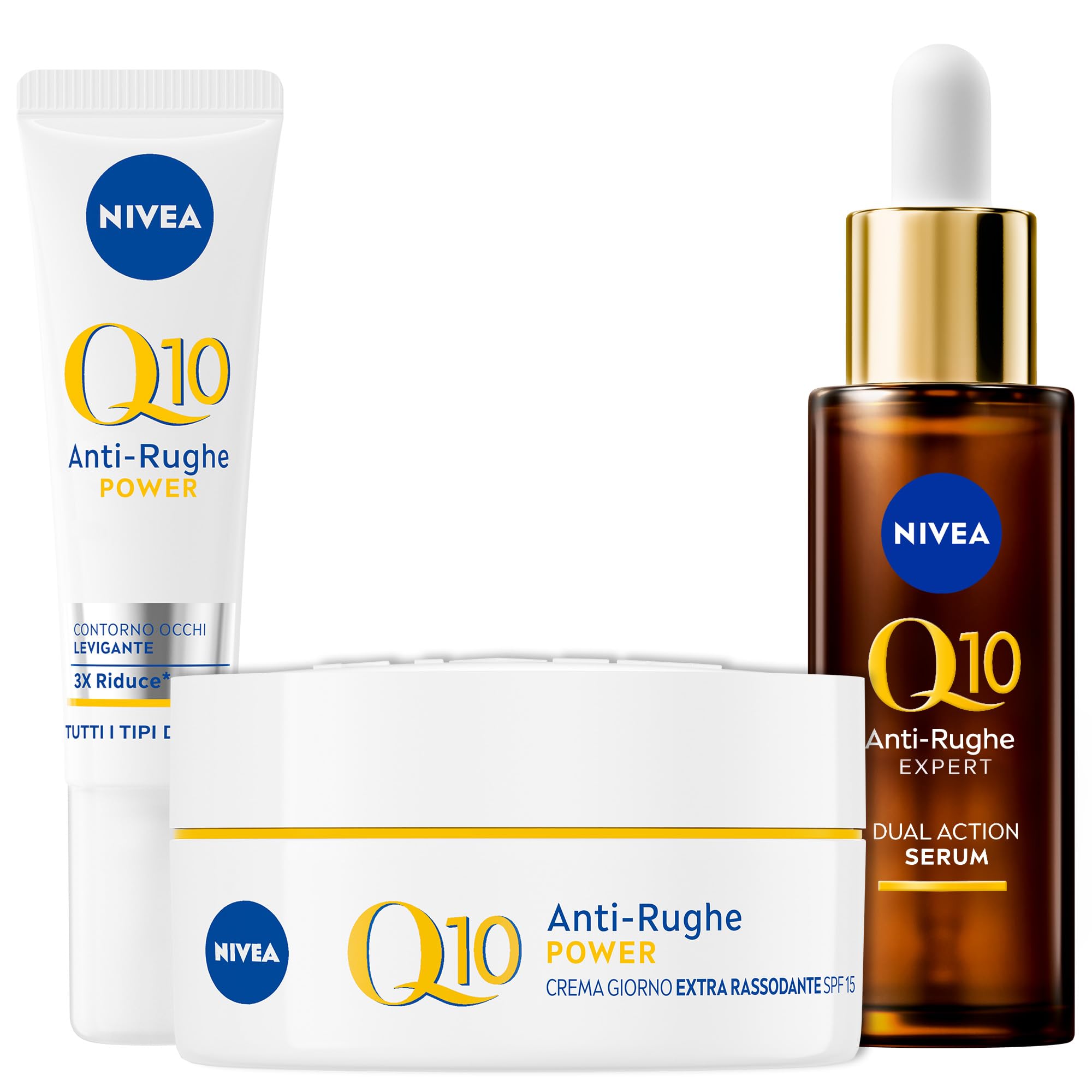NIVEA Q10 Cofanetto, Set Skincare con Crema Viso Antirughe Giorno Extra Rassodante SPF15 50 ml, Contorno Occhi Levigante 15 ml e Siero Viso Doppia Azione 30 ml – Kit Esclusiva Amazon