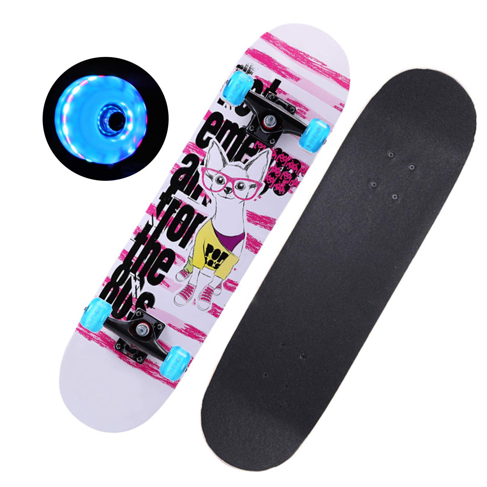 Monopatín Estándar de 31 "x 8" Skateboard Completo con Ruedas LED Intermitentes, 7 Capas de Arce Monopatín de Cubierta Cóncava de Doble Patada para Niños,Niñas,Niños,Adolescentes y Adultos