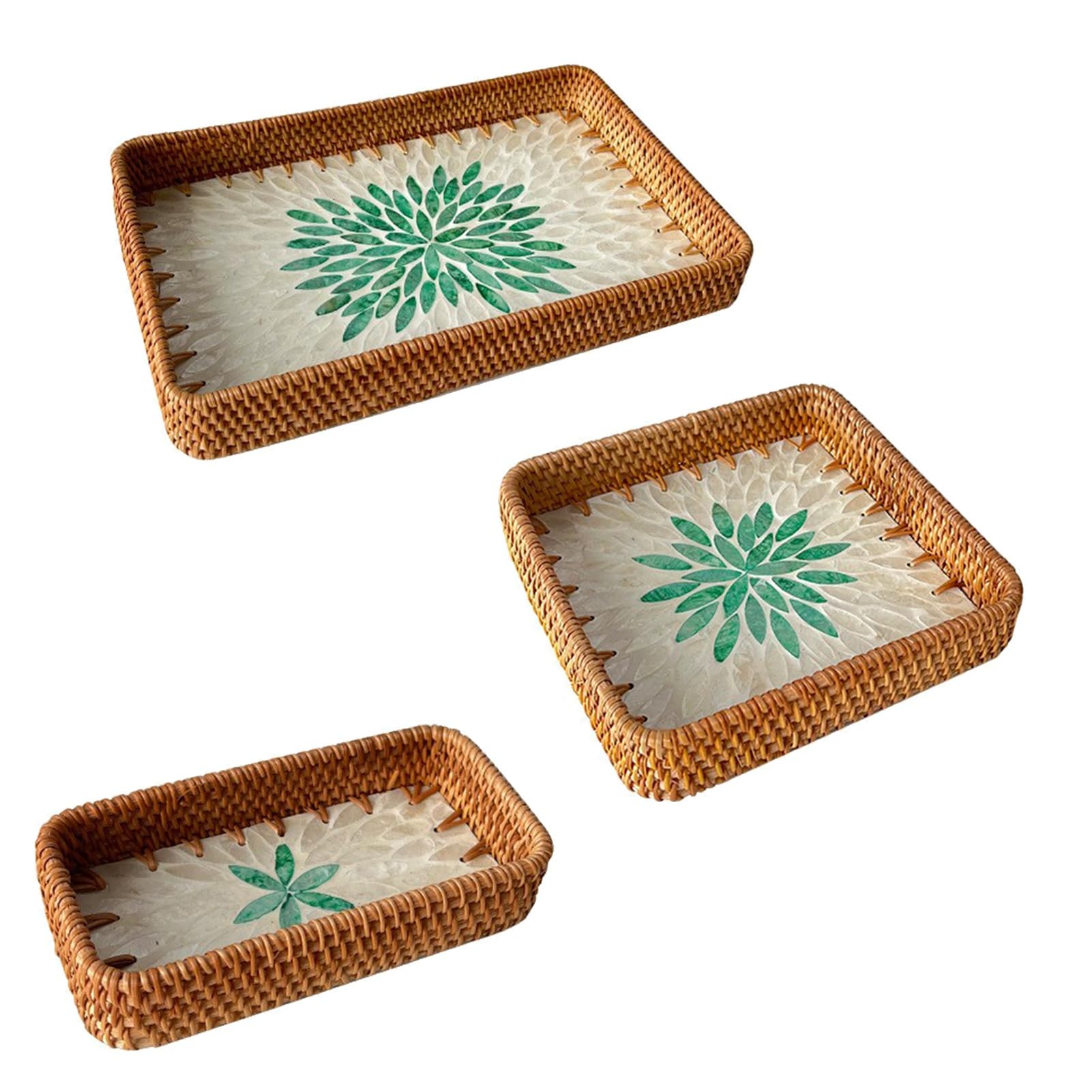 Bandeja rectangular de ratán hecha a mano, elegante bandeja de mimbre para servir pan, frutas y aperitivos, diseño de carcasa de ratán duradero, perfecta para decoración del hogar y entretenimiento