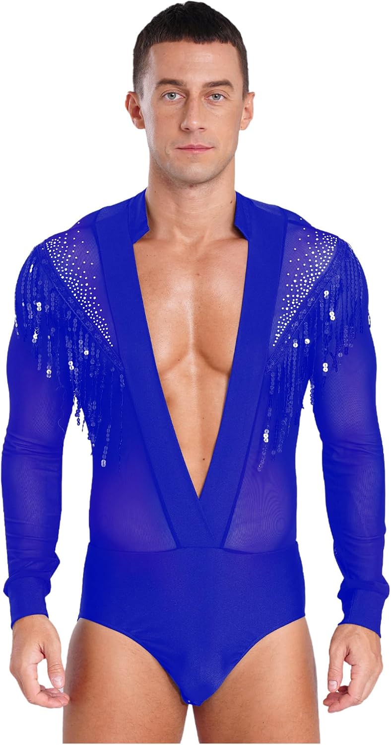 Men's Latin Dance Shirt Shiny Rhinestones Tassels Bodysuit Deep V Neck Leotard Ballroom Costume