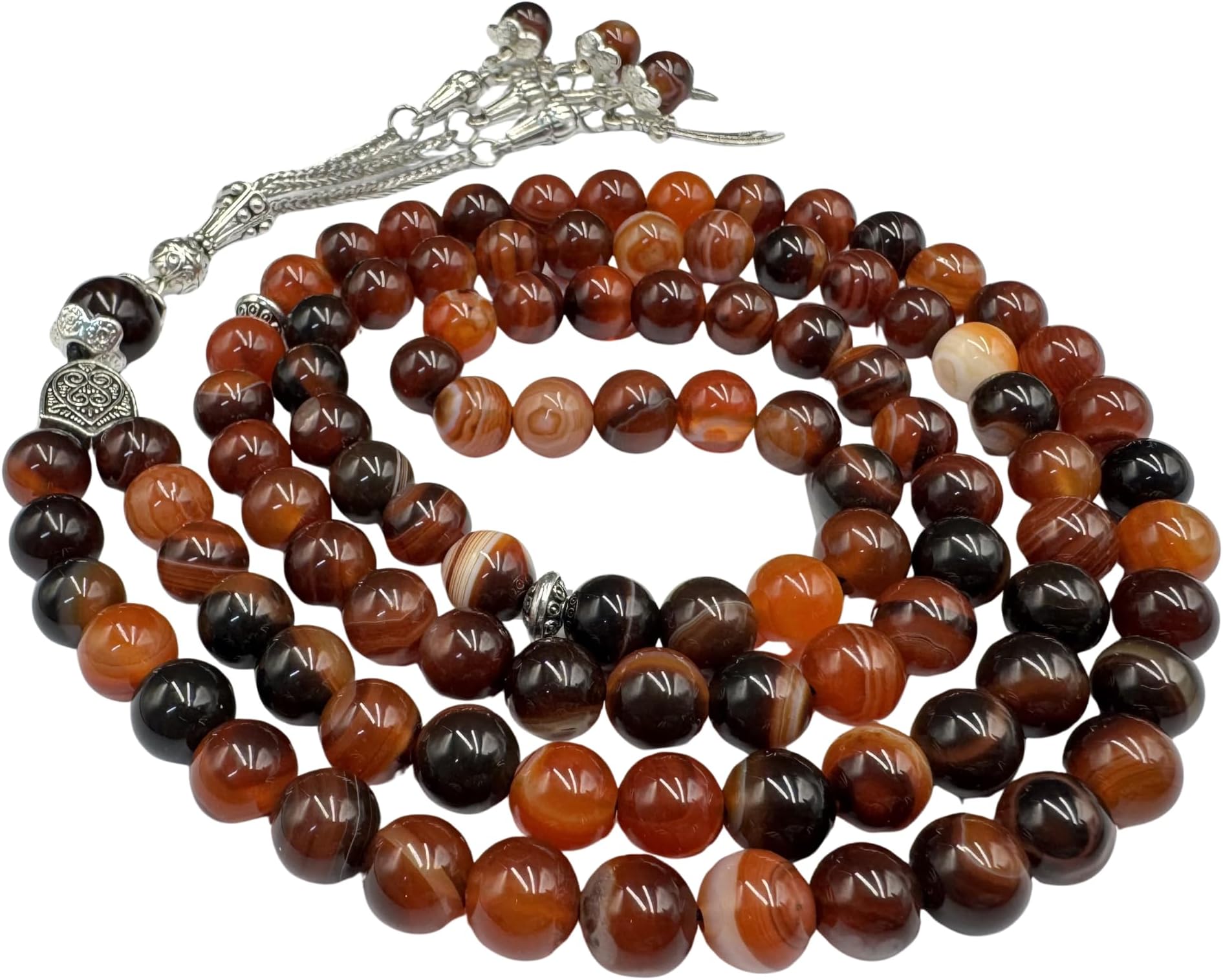 REBUY Red Agate Stone with Silver Tassel Tasbih | 99 Beads 8mm Natural Gemstone Islamic Religous Prayer Misbaha Tasbeeh Rosary Beads | Ideal for Meditation, Dua & Spiritual Practice