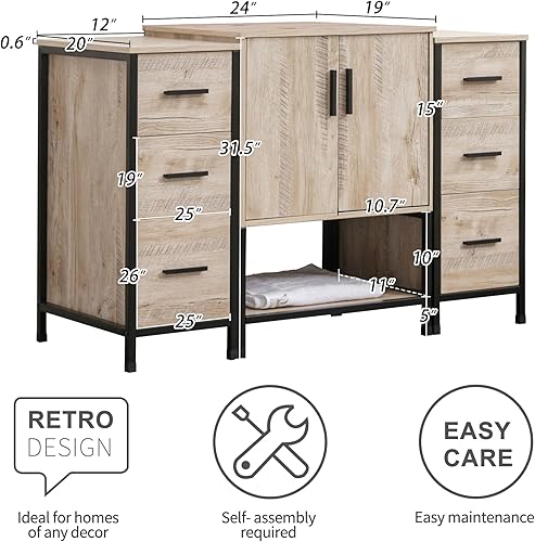 Miniatura 7 de UEV Juego de tocador de baño de roble rústico de 48 pulgadas con lavabo, marco de hierro industrial con armario lateral doble de 3 cajones (solo