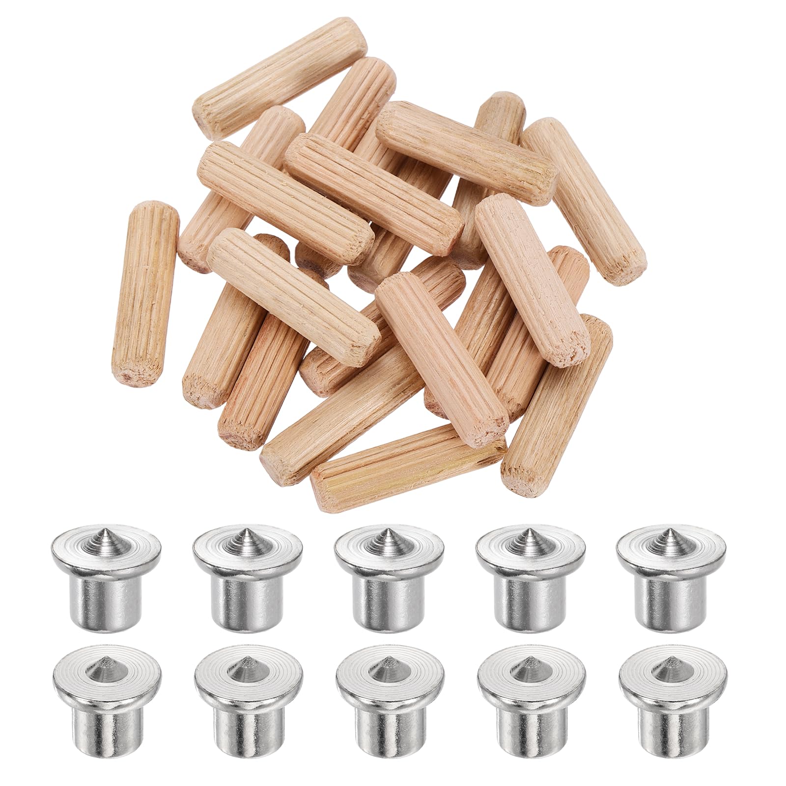 sourcing map 150Pcs Wood Dowel Pins, 8 x 30 mm Wooden Dowel Rods Straight Grooved Pins with 10Pcs Solid Hollow Dowels Tenon Center Transfer Plugs for Furniture Woodworking DIY Project