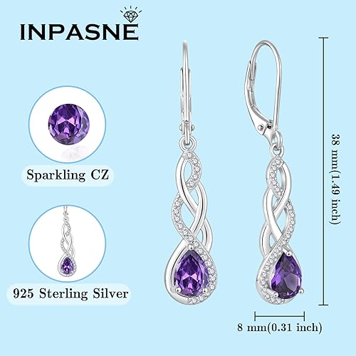 Miniatura 5 de Inpasne Aretes de plata de ley 925 con cierre de palanca infinito, aretes colgantes con forma de lágrima, aretes de piedra natal, joyería trenzada