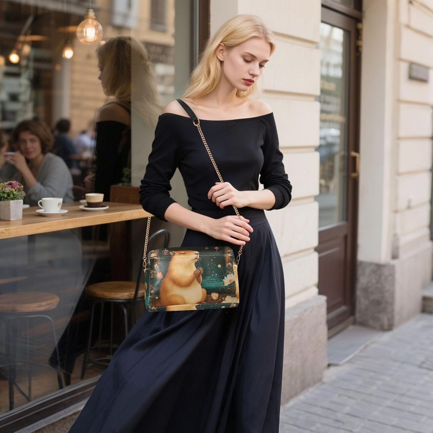 Women Crossbody Bag Shoulder Handbag Cellphone Purse PU Leather Metal Chain Strap Water Resistant Zipper Closure Capybara Praying Print