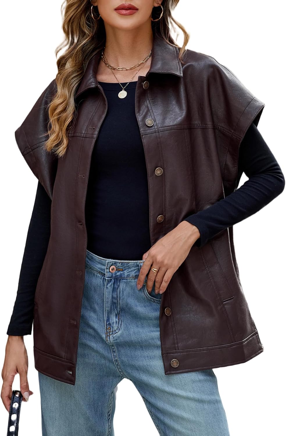 Ladyful Womens Oversized Leather Vest Sleeveless Faux Leather Jacket Motorcycle Biker Vest Coat Outerwear
