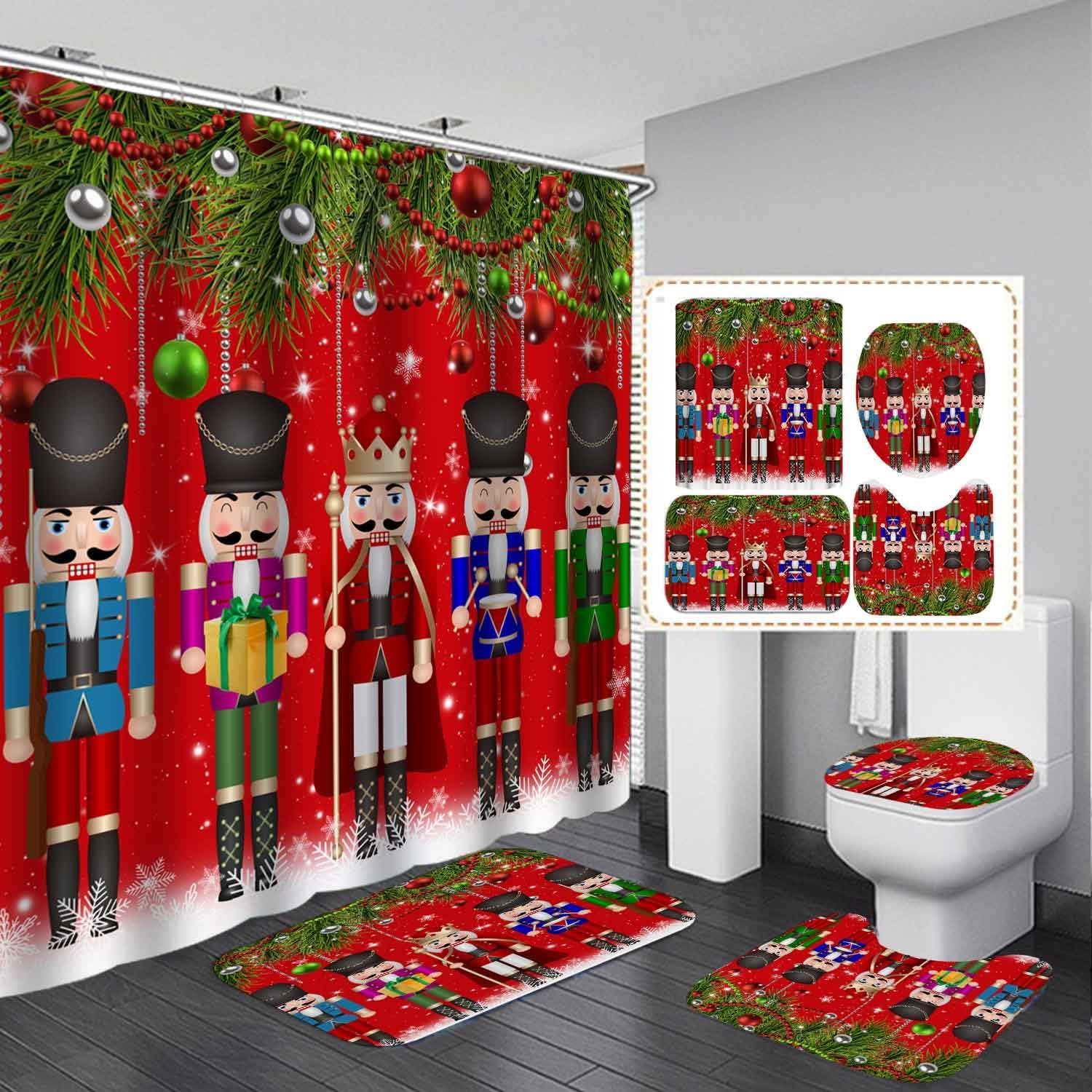 4PCS Christmas Nutcracker Shower Curtain Sets with Rugs, Waterproof Fabric Red Shower Curtain, Funny Soldier Xmas Gifts Green Fir Balls Snowflake Winter New Year Holiday Xmas Bathroom Decor