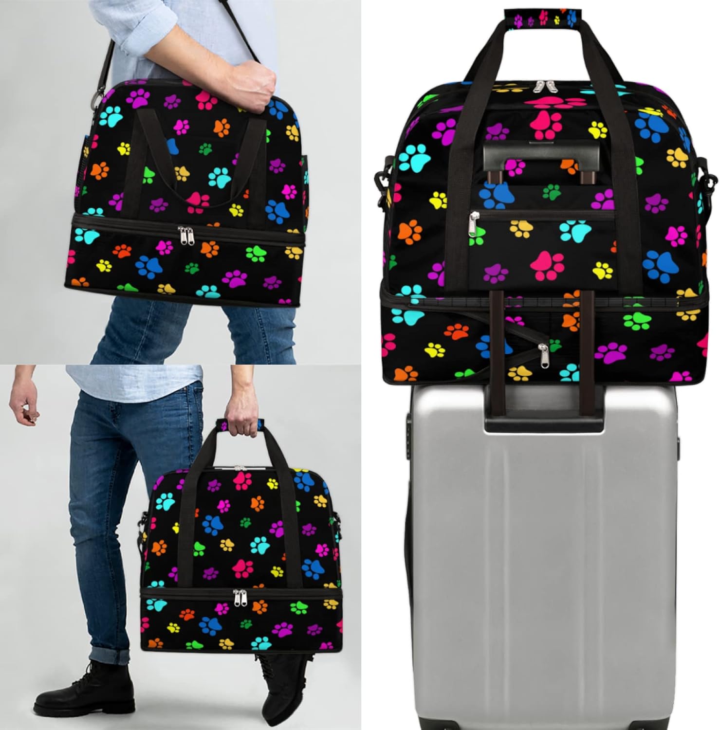 Colorful Dog Paw Print Foldable Travel Duffel Bag Tote, Dog Cat Paw Print Lightweight Luggage Sports Gym Bag with Shoes Compartment Weekender Overnight Bag for Women & Men - Image 7