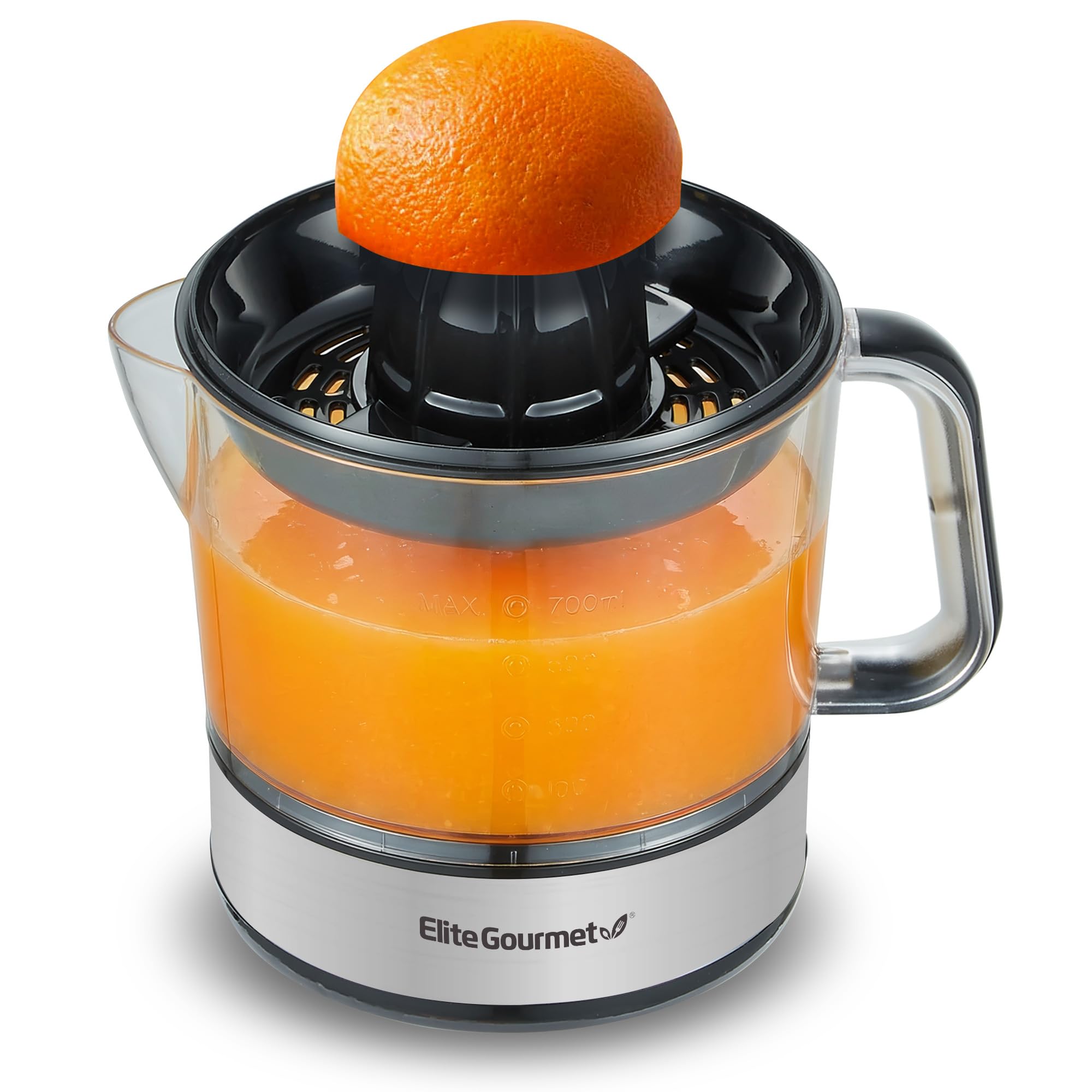 Elite Gourmet ETS623 BPA-Free 40-Watt Electric Citrus Juicer, Compact, Large Volume, Pulp Control, Oranges, Lemons, Limes, Grapefruits with Easy Pour Spout, 24oz, Black/Stainless Steel
