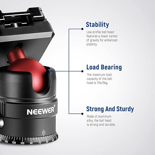 Miniatura 6 de NEEWER Cabezal de trípode, cabezal de bola panorámica giratoria de 360° con placa de zapata rápida de 1/4 pulgadas para trípode monopie deslizante