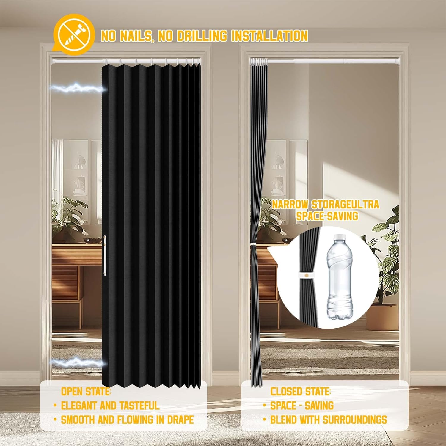 Accordion Door Curtain - 100% Light-Blocking Bedroom Door Curtain with Included Rod for Easy Installation, Suitable for Doorway Privacy Black 43" W x 78" L