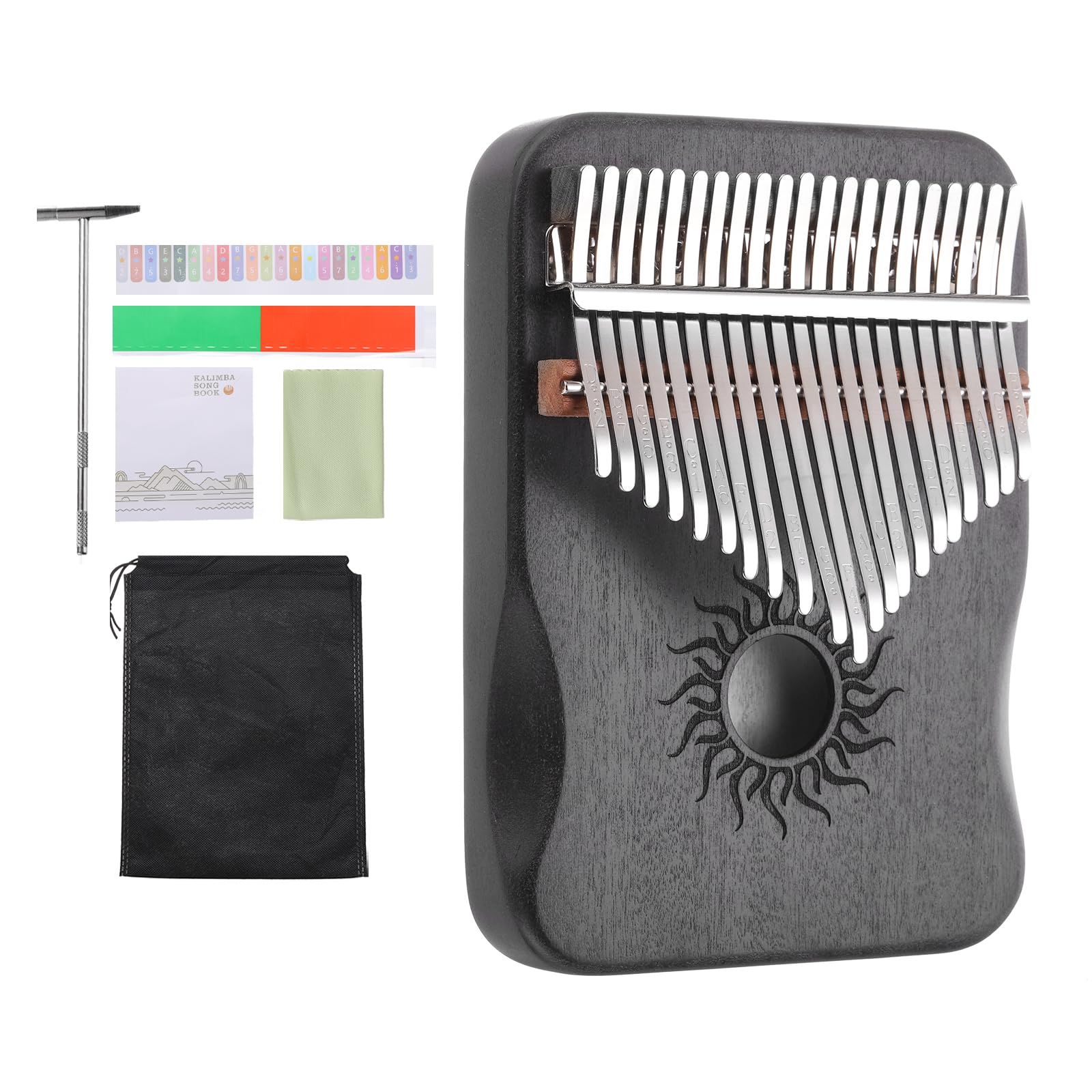 QUARKZMAN Pianoforte Pollice 21 Tasti, Mini Pianoforte Portatile Marrone Scuro Legno d'Acero con Motivo Solare con Borsa Protettiva, Martello Accordare, Istruzioni per Studio Spartiti Adulti