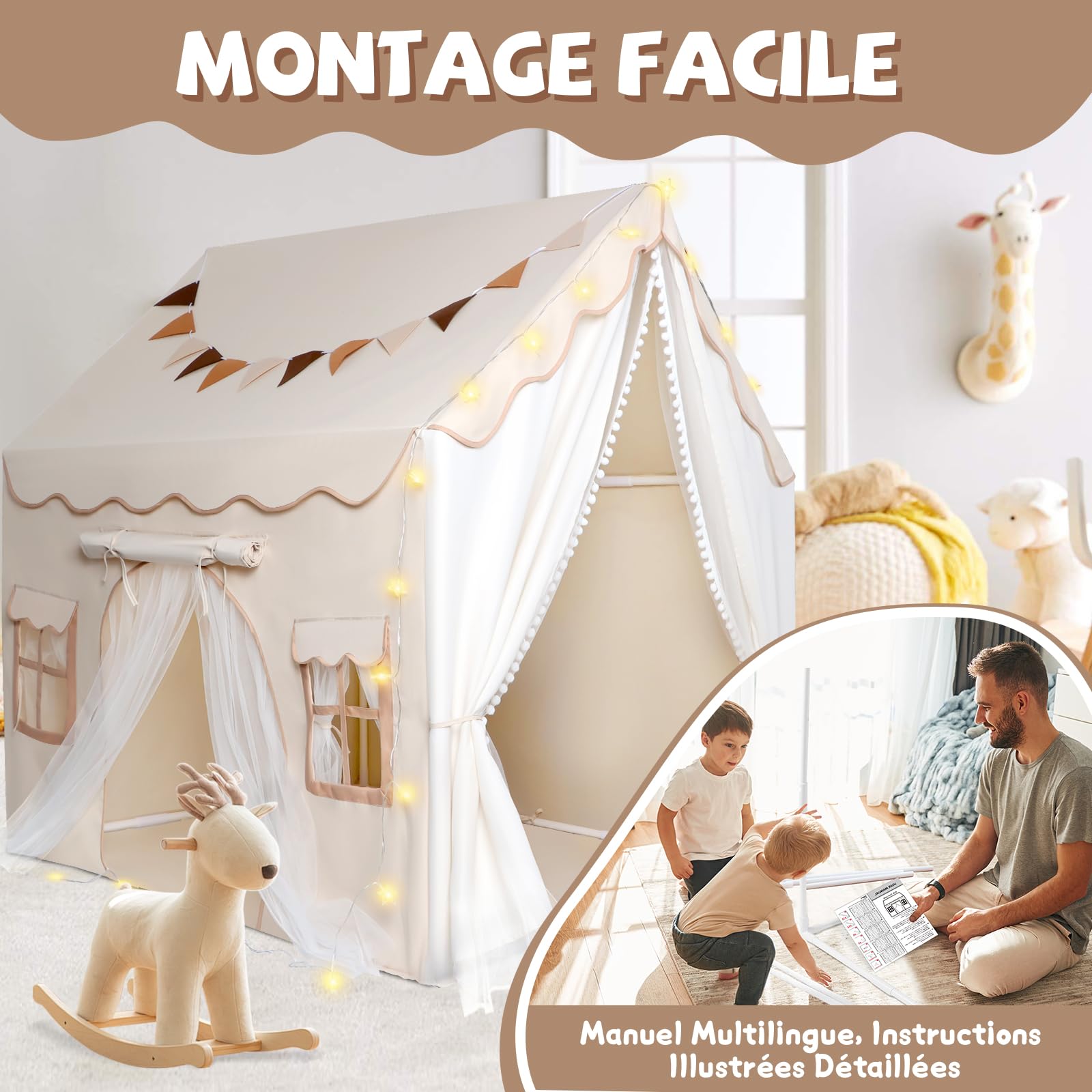 JONRRYIN Tente Enfant Interieur, Cabane Enfant avec 2 Entrées, Lumières et Drapeaux, Tapis de Sol, Tente de Lit Enfant, Tente de Jeux Enfant Cadeau pour Filles Garçons 120x100x127 CM