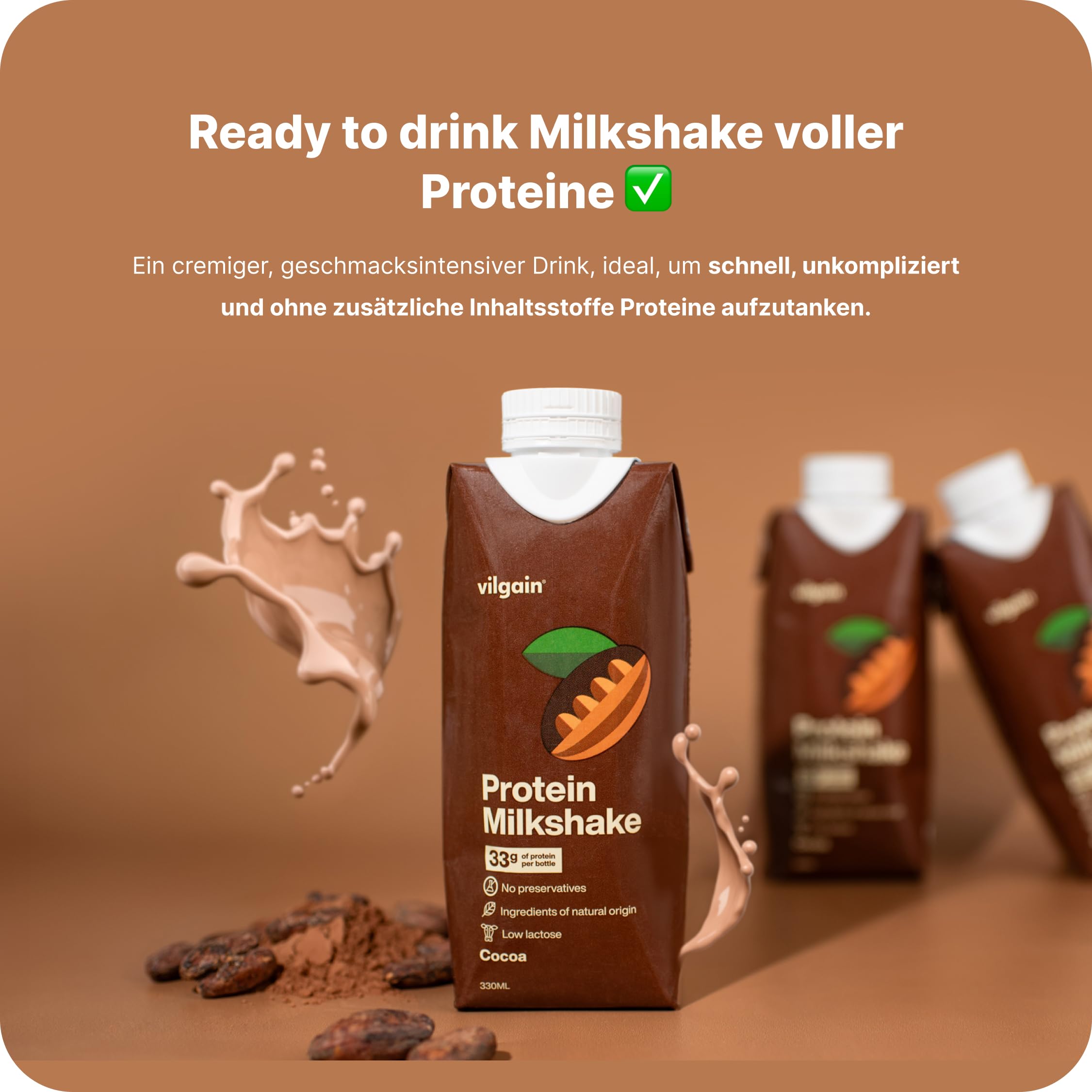 Vilgain Protein Milkshake (12x330 ml) Kakao – 33 g Protein Cremiger Milchshake Ohne Zuckerzusatz, Low Lactose Ready-to-Drink Protein Drink Mit Inulin & Stevia, Fitness Drink Schoko Snack