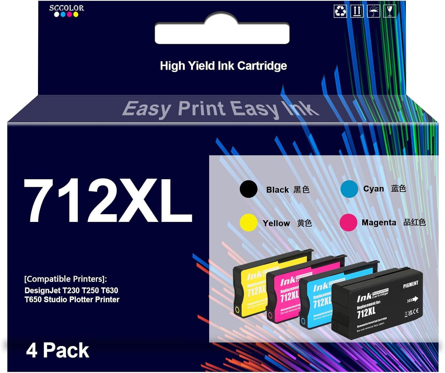712 Ink Cartridges High Yield 3ED67A 3ED68A 3ED69A 3ED71A Replacement for DesignJet T650 T630 T230 T210 Studio Plotter Printers.4 Pack,80-ML Black 29-ML Cyan Magenta Yellow