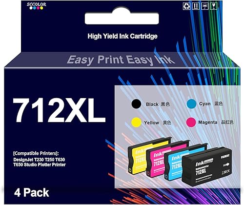Cartuchos de tinta 712 de alto rendimiento 3ED67A 3ED68A 3ED69A 3ED71A Reemplazo para impresoras de trazador DesignJet T650 T630 T230 T210 Studio.
