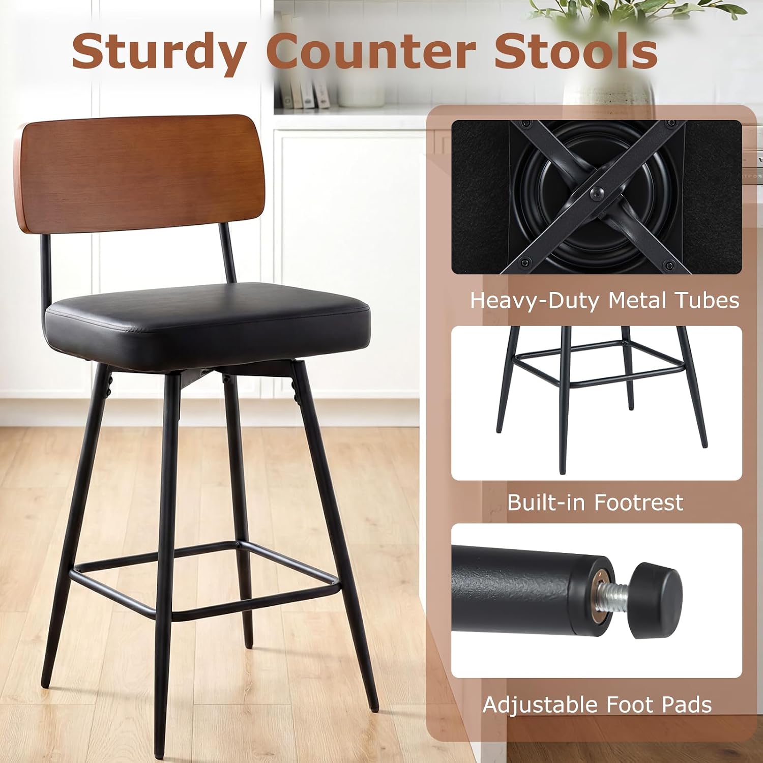 COSTWAY 27" Padded Counter Barstools Set of 4, 360° Swiveling Counter Height Chairs with Wooden Backrest & Metal Legs, Upholstered High Top Seats with Footrest for Kitchen Island (4,Black)