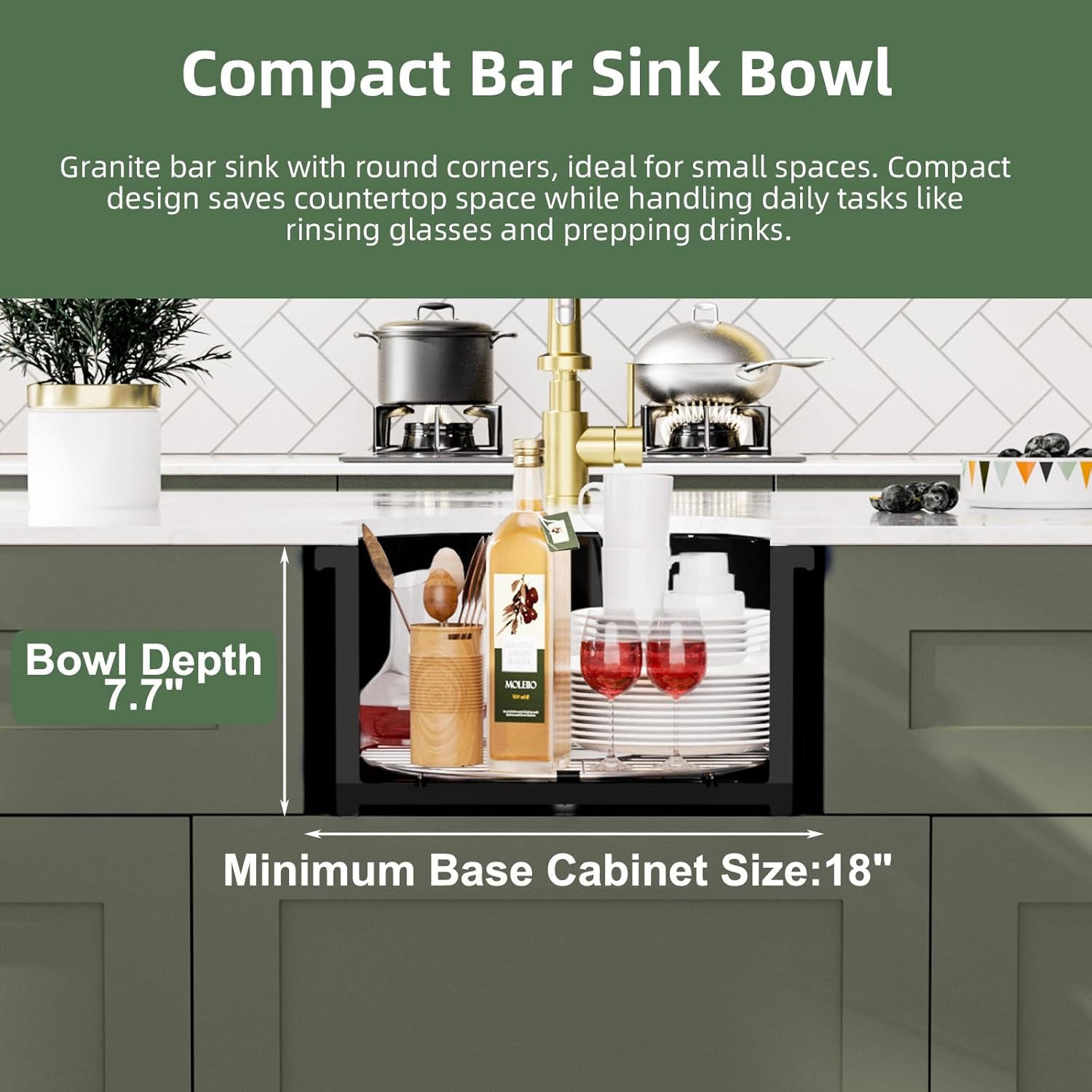 Davivy 15 Inch Black Round Bar Sink,15x15 Dual-Mount Small Granite Bar Prep Sink, Quartz Composite Single Bowl Design with with Bottom Grid & Strainer