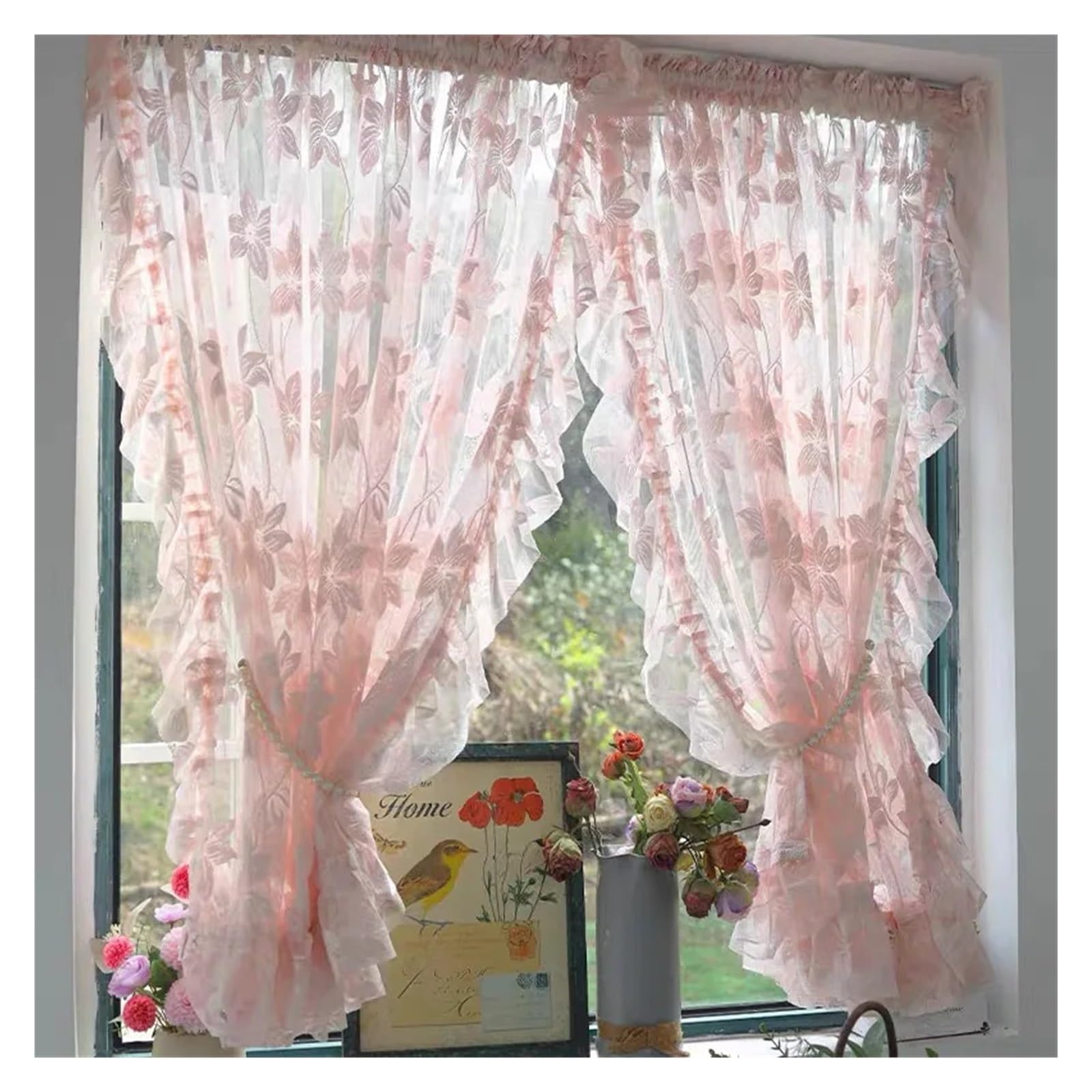 DFGRGRV Ruffle Curtains Rural Pentapetal Flowers Tulle Curtains Lace Warp Ruffled Curtains(1 PC W150 X H120 CM)