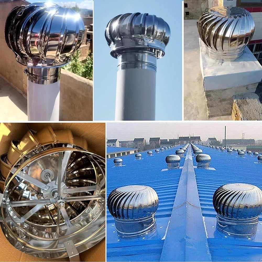 Ventilateur de toit rotatif non électrique - 10,2 cm, 15,2 cm, 20,3 cm, 25,4 cm, 30,5 cm - En acier inoxydable - Facile à installer (110 mm)