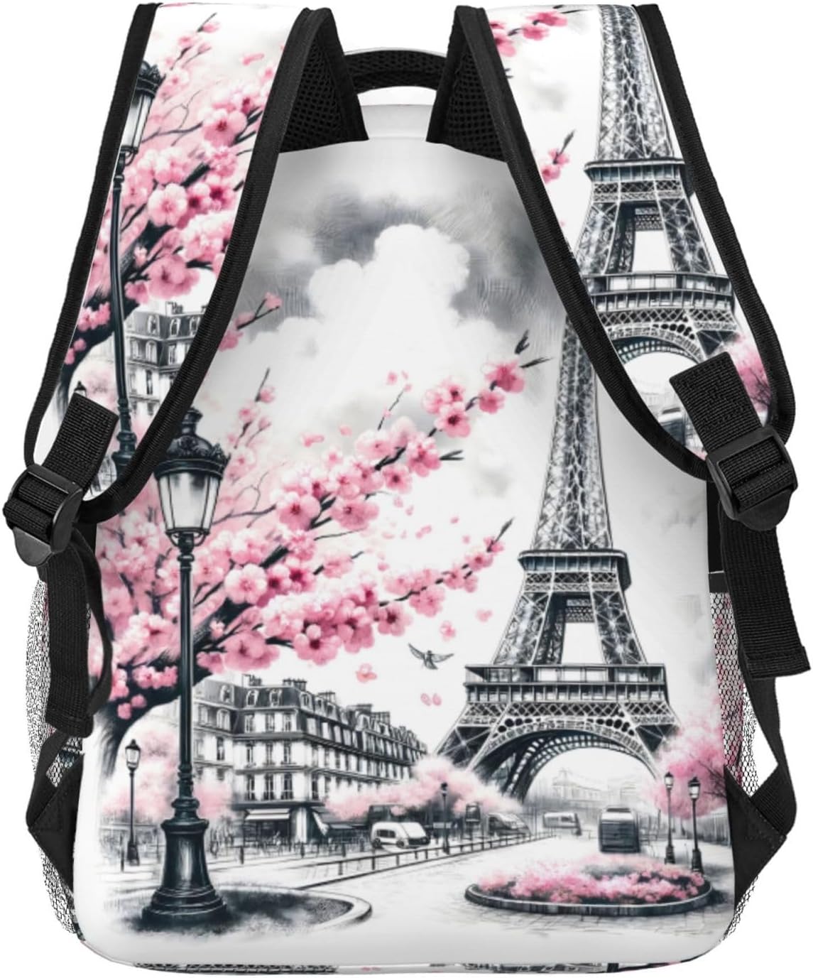 Paris Backpack, Lightweight Backpacks for Travel Work School Sport, Romantic Back Pack Gift for Women Girls, Eiffel Tower and Cherry Blossom Laptop Books Casual Daypack, 11.4×5.9×15.7 Inch
