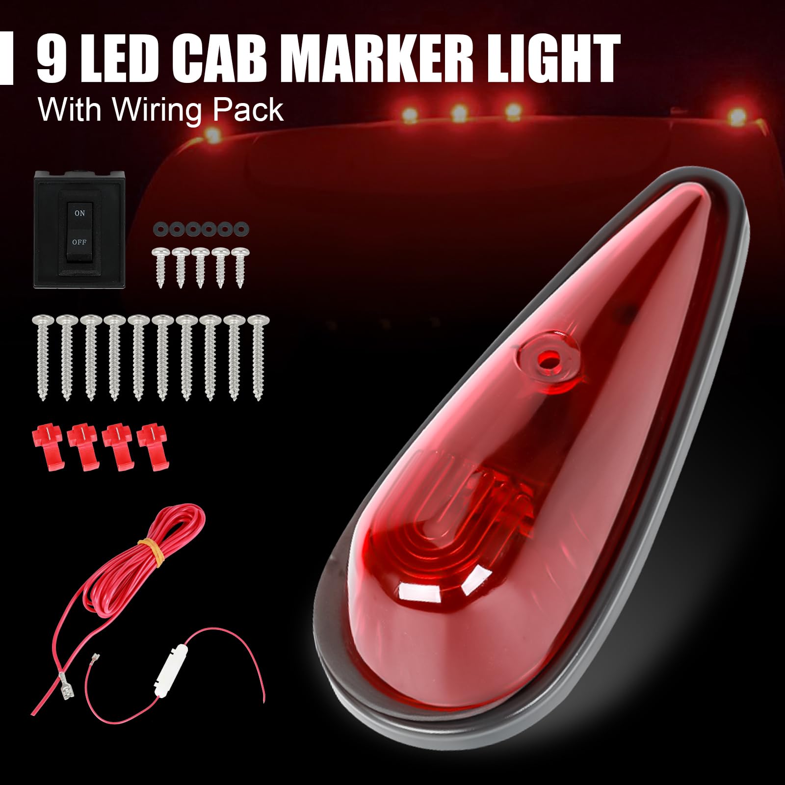 5 luci rosse a goccia per cabina a 9 LED, luce di posizione anteriore superiore per tettuccio con cavi e kit di montaggio per camion, pickup, furgoni, semis e camper