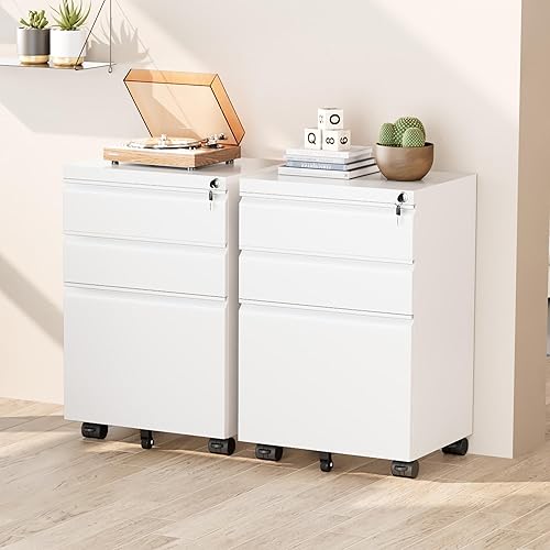 Vista 24 de Greenvelly Archivador móvil de 3 cajones con cerradura, archivador de metal sobre ruedas, archivador debajo del escritorio para organizador de Negro