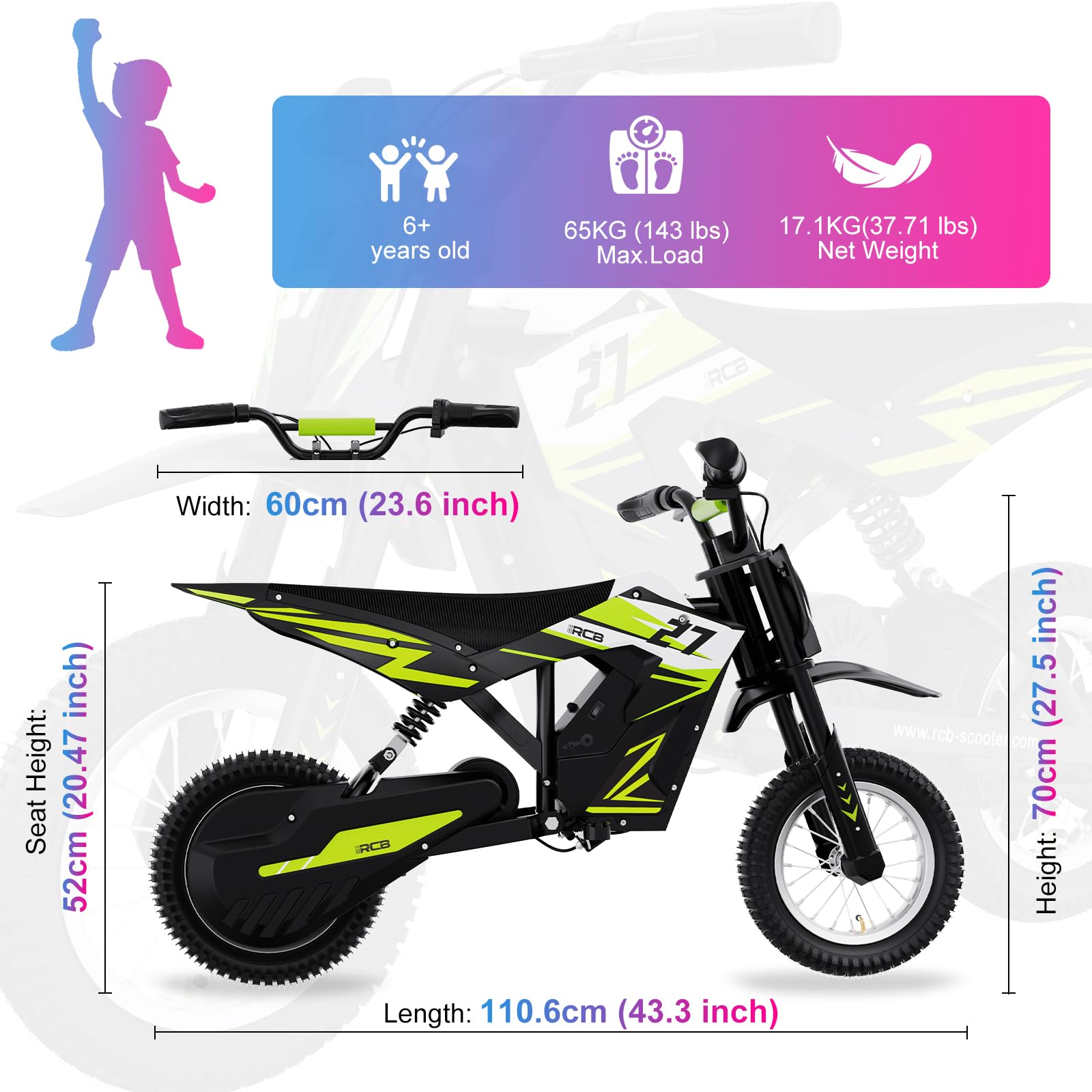 RCB R9X Elektro Motorrad Kinder, 12 Zoll Luftreifen, Elektromotorrad mit Leistungsstarker Motor,5,2Ah Akku,3 Geschwindigkeitsmodus 8/12/25KMH, Reichweite 17KM, Moto Crossbike für Kinder (Schwarz &Grün