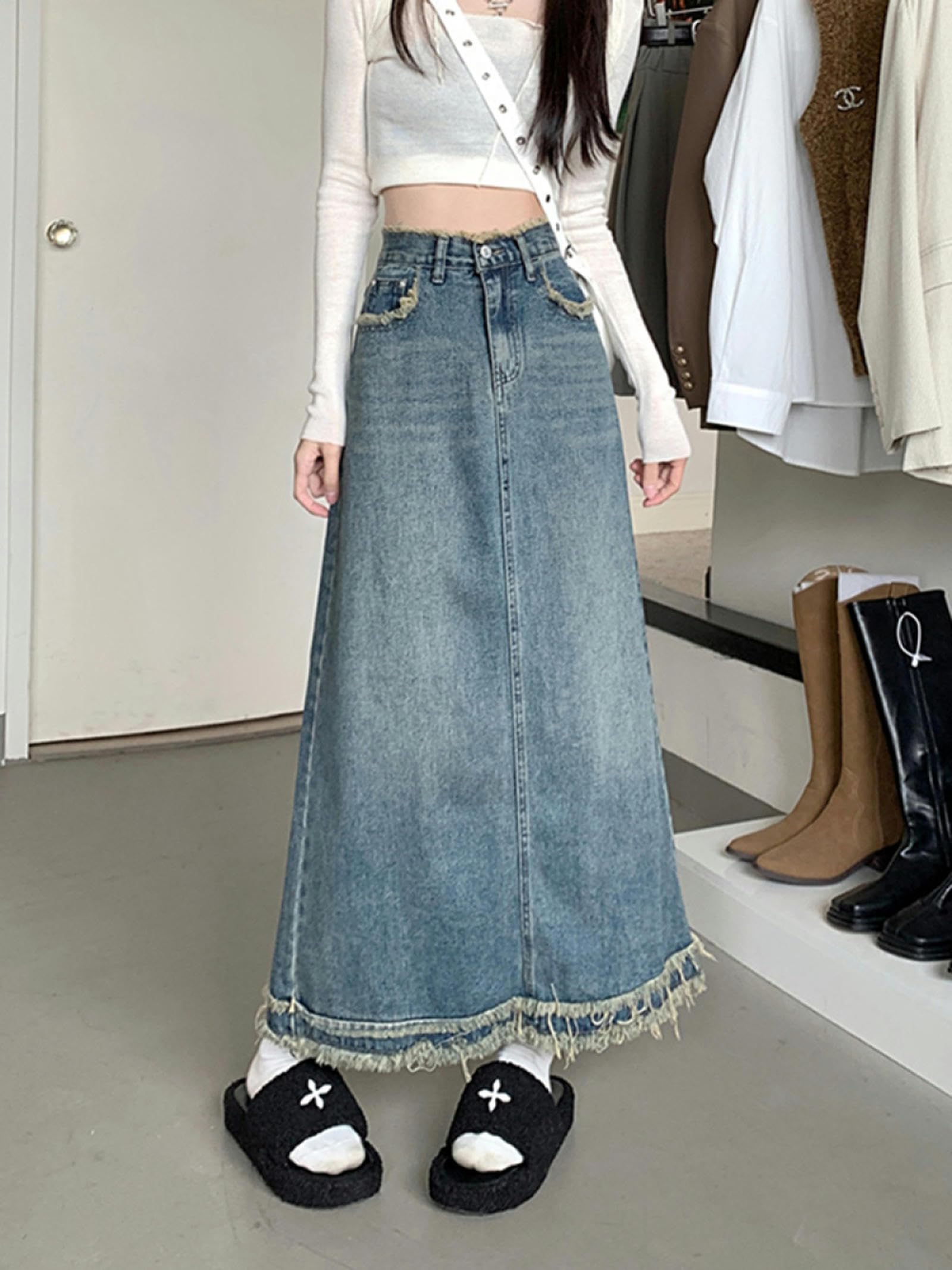 Falda Larga Vintage Azul Mujer Otoño Invierno Cintura Alta Paraguas Borde Crudo Vaquera Y2K