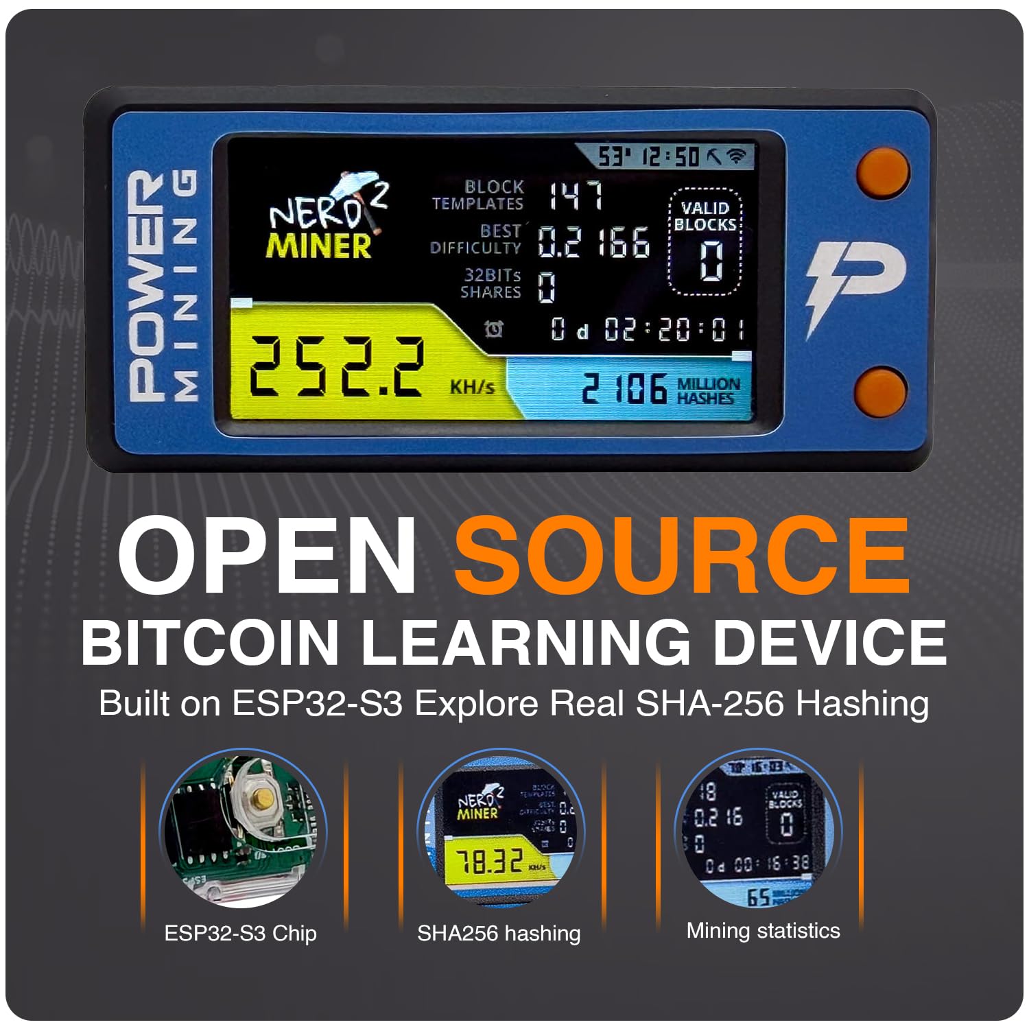 POWER MINING NerdMiner V2 Open Source Bitcoin Miner – 78KH/s ESP32-S3 dual-core LX7 Solo BTC Miner mit 1,9" LCD Farbdisplay, 1W Stromverbrauch, WLAN 2,4GHz, USB-C Lern- & Entwicklergerät - 2