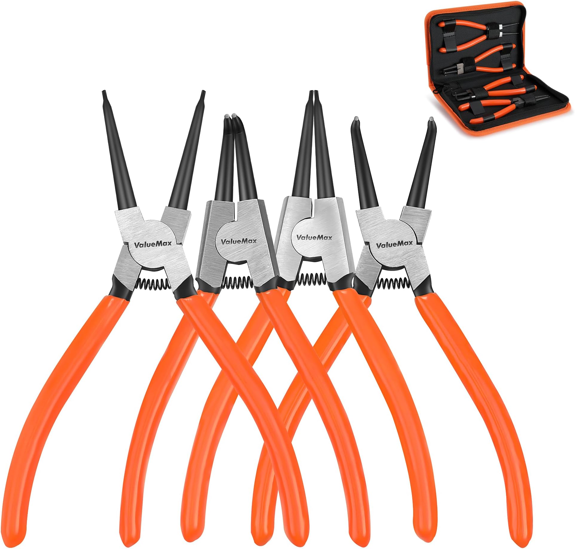 ValueMax 4 PCS Snap Ring Pliers Heavy Duty Set, Circlip Pliers Kit with Straight Bent Jaw Precision Spring Loaded, 7 Inch Internal/External C Clip Tools with Storage Pouch
