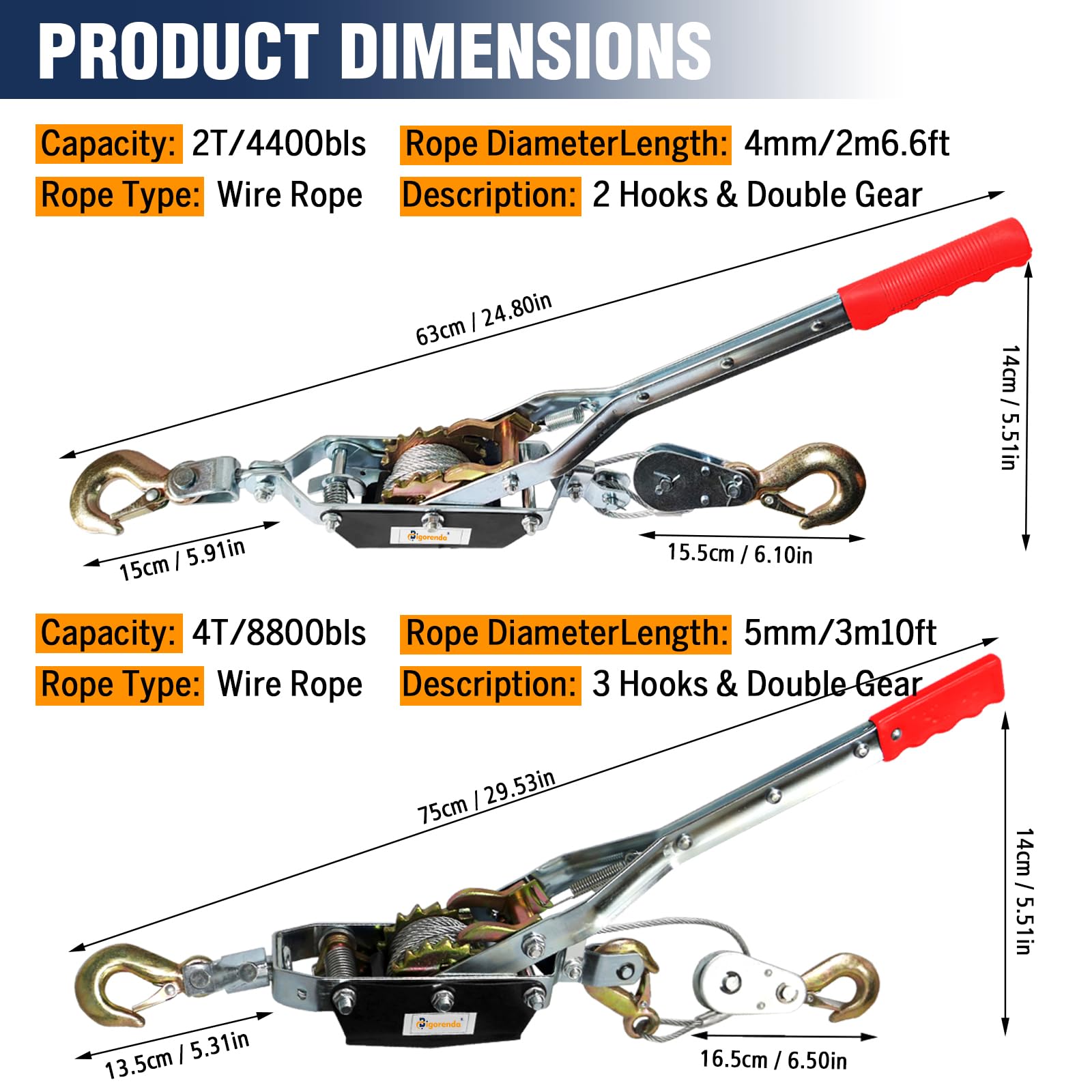Come Along Winch 2T, cable de acero resistente de 2 ganchos, extractor de potencia de doble engranaje, cable viene junto con cable de acero de 7 pies, cable de cabrestante de mano, engranaje