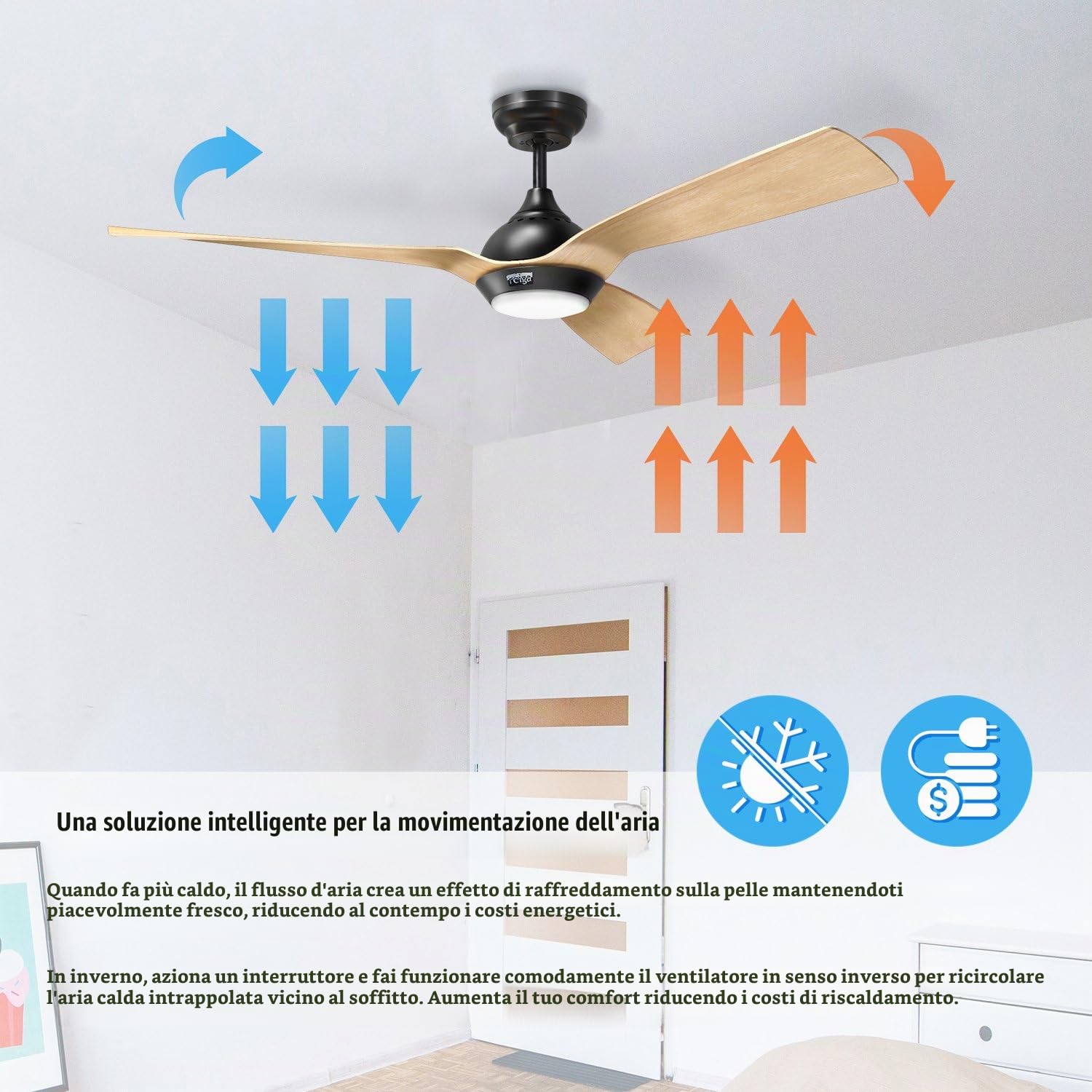 reiga 132CM Ventilatore da Soffitto con Motore CC Luce LED Dimmerabile | 3 Pale Dipinte a Mano, Timer, Funziona con Alexa WIFI Smart APP e Telecomando