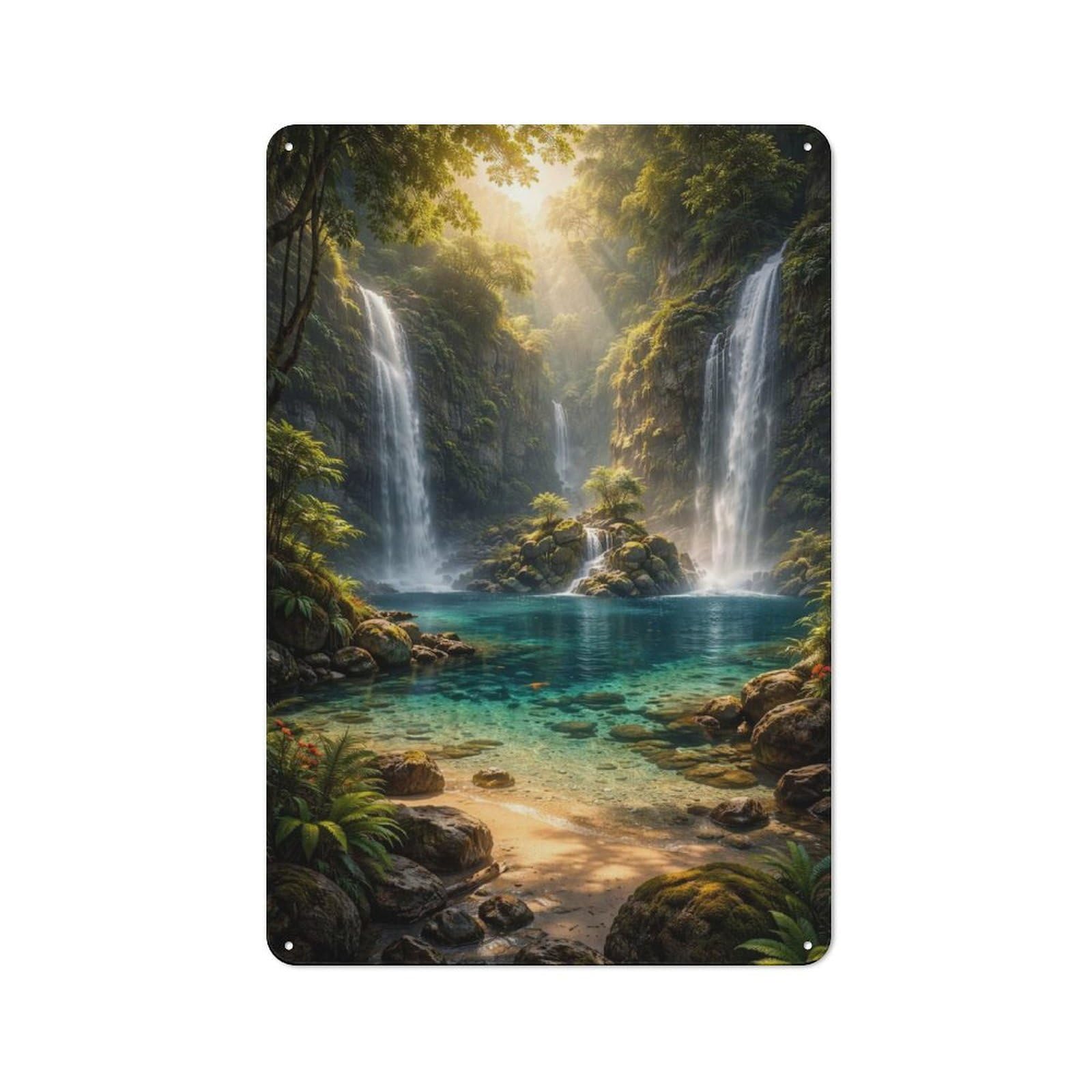 Junmoney Style-6 Tin Wall Plaque 30X20cm With Lush Waterfall Paradise For Bar Or Restaurant, For Hospitality Decor Collectors
