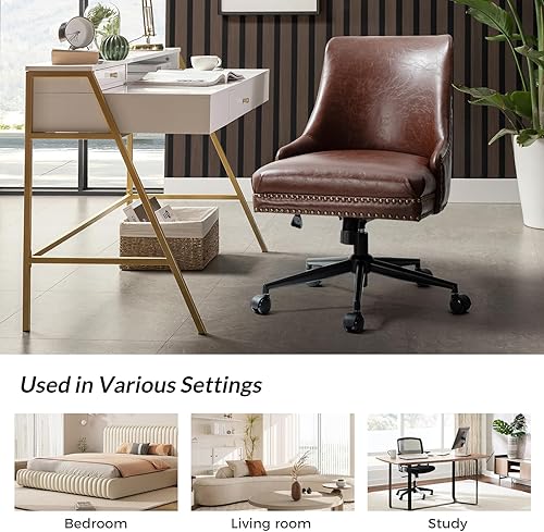 Miniatura 5 de Silla de oficina en casa de piel sintética con base de metal negro y cabeza de clavo, silla de escritorio ergonómica moderna y cómoda con