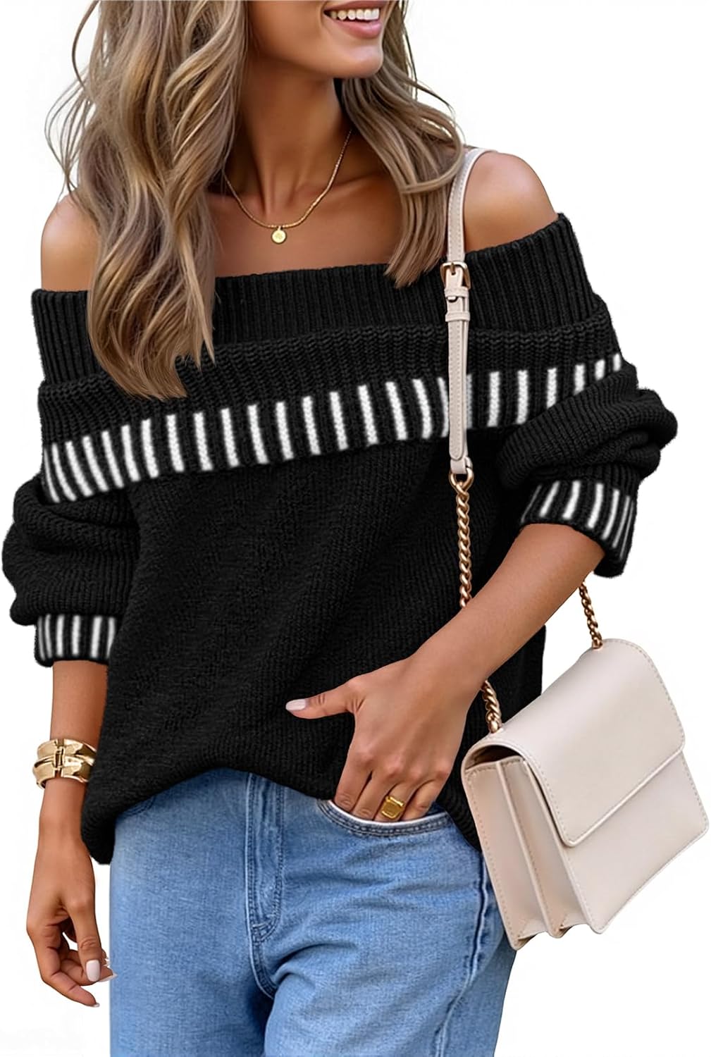 MEROKEETY Women's Off Shoulder Sweater 2025 Fall Winter Fashion Oversized Ribbed Knit Striped Pullover Tops