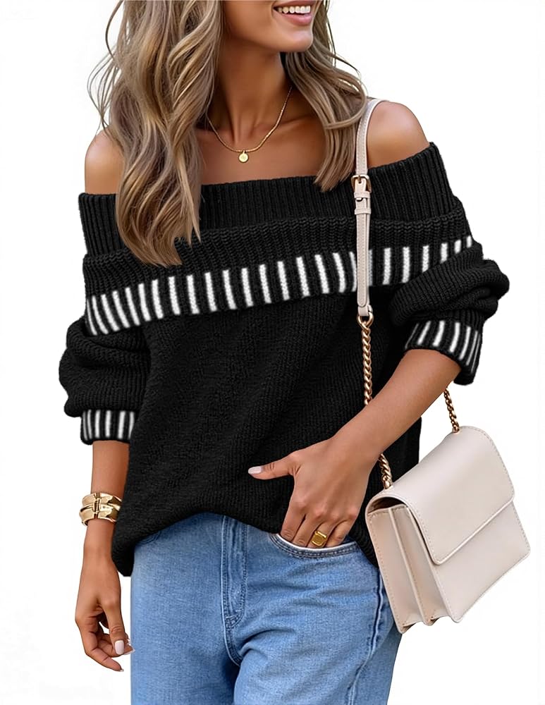MEROKEETY Women's Fall Off Shoulder Knit Sweater Striped Pullover Tops Long Sleeves, Striped Ribbed Trims & Cuffs, Casual & Slouchy Style, Cozy Warm Outfits, Fashion Winter Clothing 2026
