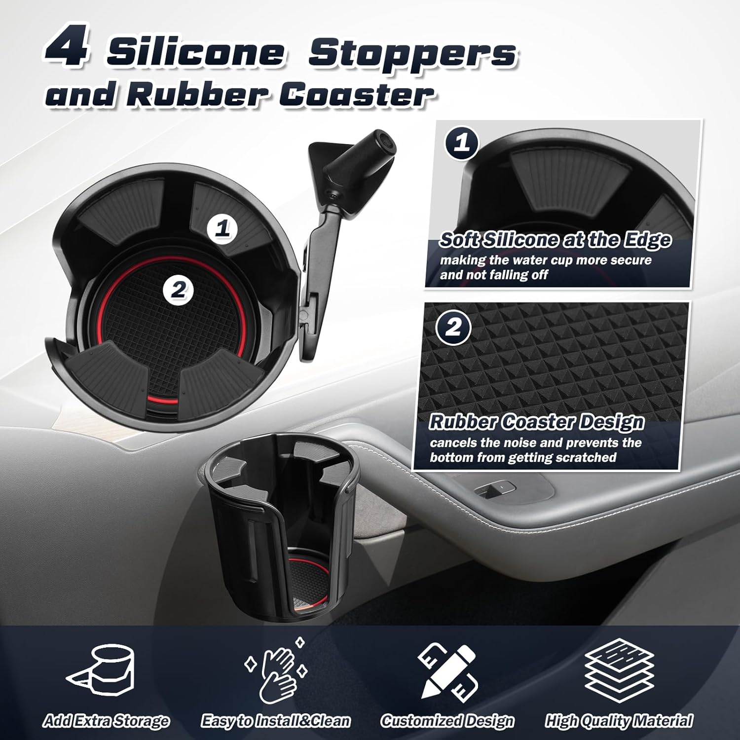 Shademax Set of 2 Car Cup Holder for Tesla Model Y 2020-2025 / Model 3 2017-2023 Left&Right Side Door Cup Holder with Rubber Coaster Model Y/3 Accessories Compatible with 2.95"-3.7" Cups Bottles