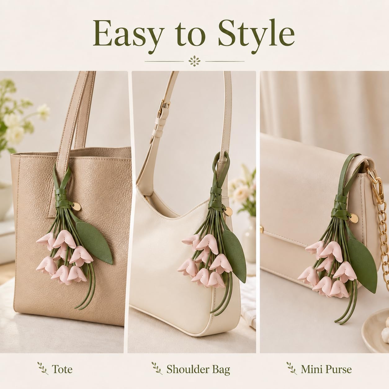 Leather Flower Bag Charm Keychain for Women Pink Floral Purse Charm Handbag Summer Accessory Gift Tote Backpack