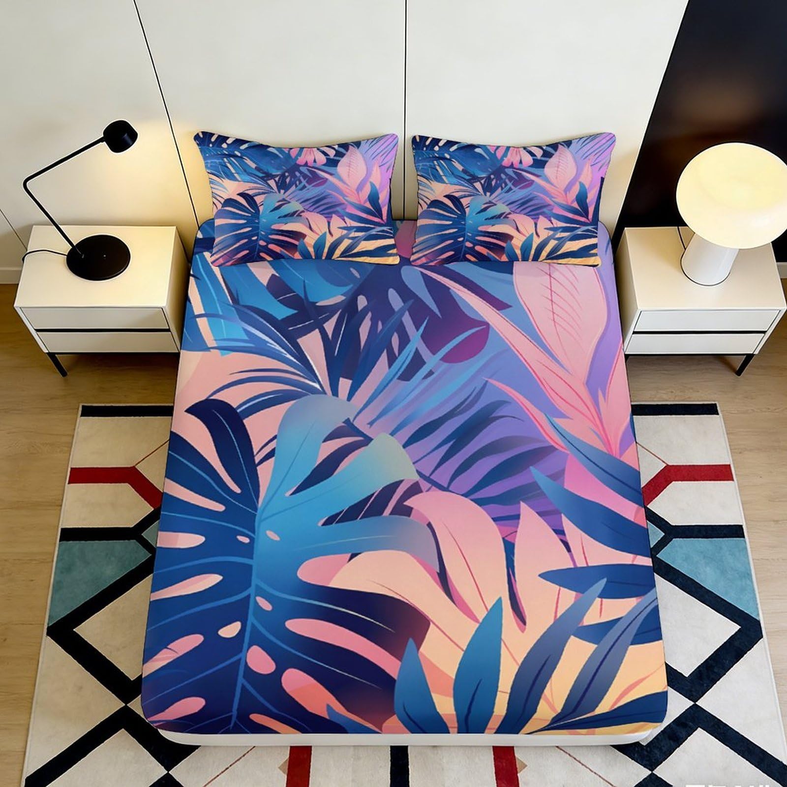 3D Printed Tropical Leaves Fitted Sheet Microfiber Soft Breathable Sunset Jungle Mattress Cover for Bedroom Dorm Mattress Protection Decor 160x200x25cm