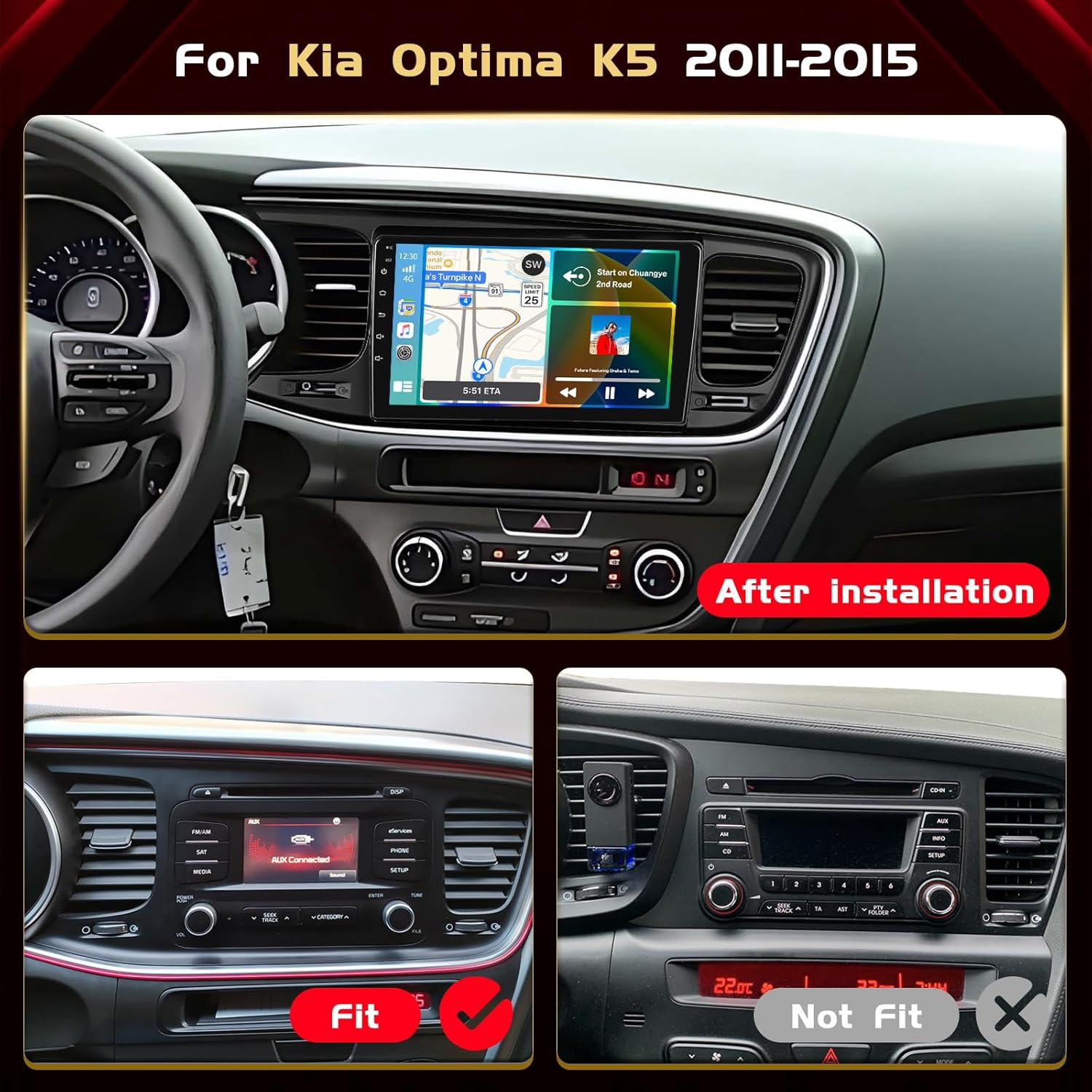 qualcomm 8 core android 15 car stereo for kia optima k5 2011-2015-4+64g-9" qled touch screen car radio with dsp hi-res bluetooth 5.1, double din stereo carplay android auto gps wifi fm/rds backup cam 8core-4g+64g-qualcomm snapdragon