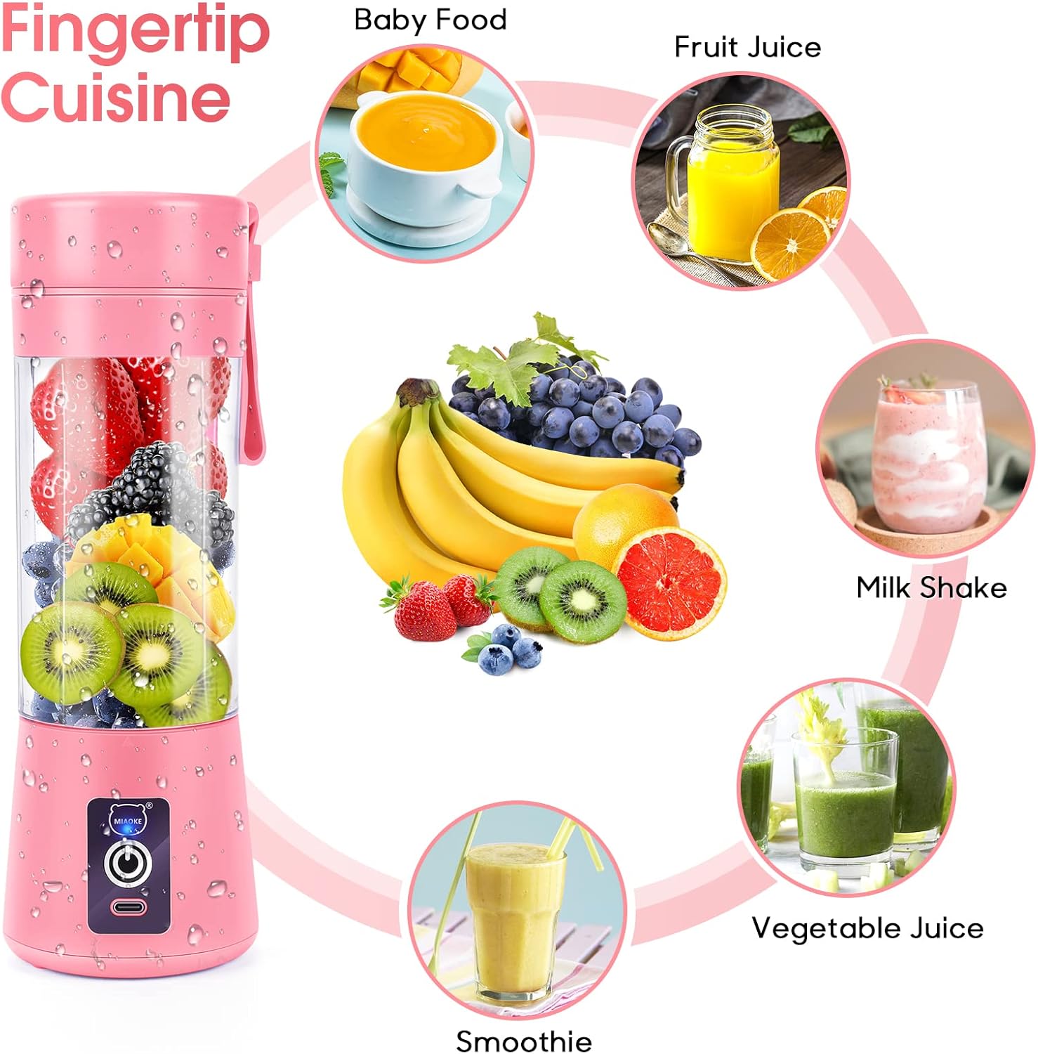 Miaoke Portable Blender showing various applications like baby food, fruit juice, milkshakes, vegetable juice, and smoothies